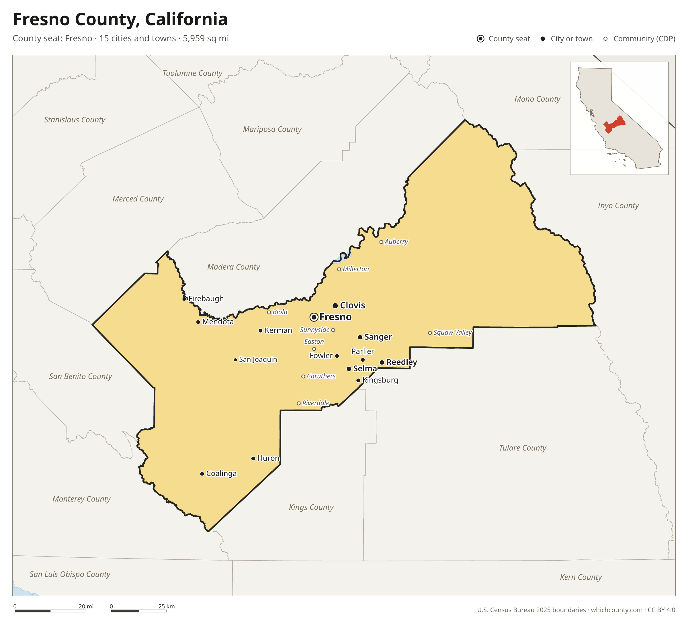 Map of Fresno County, California with cities, towns and the county boundary