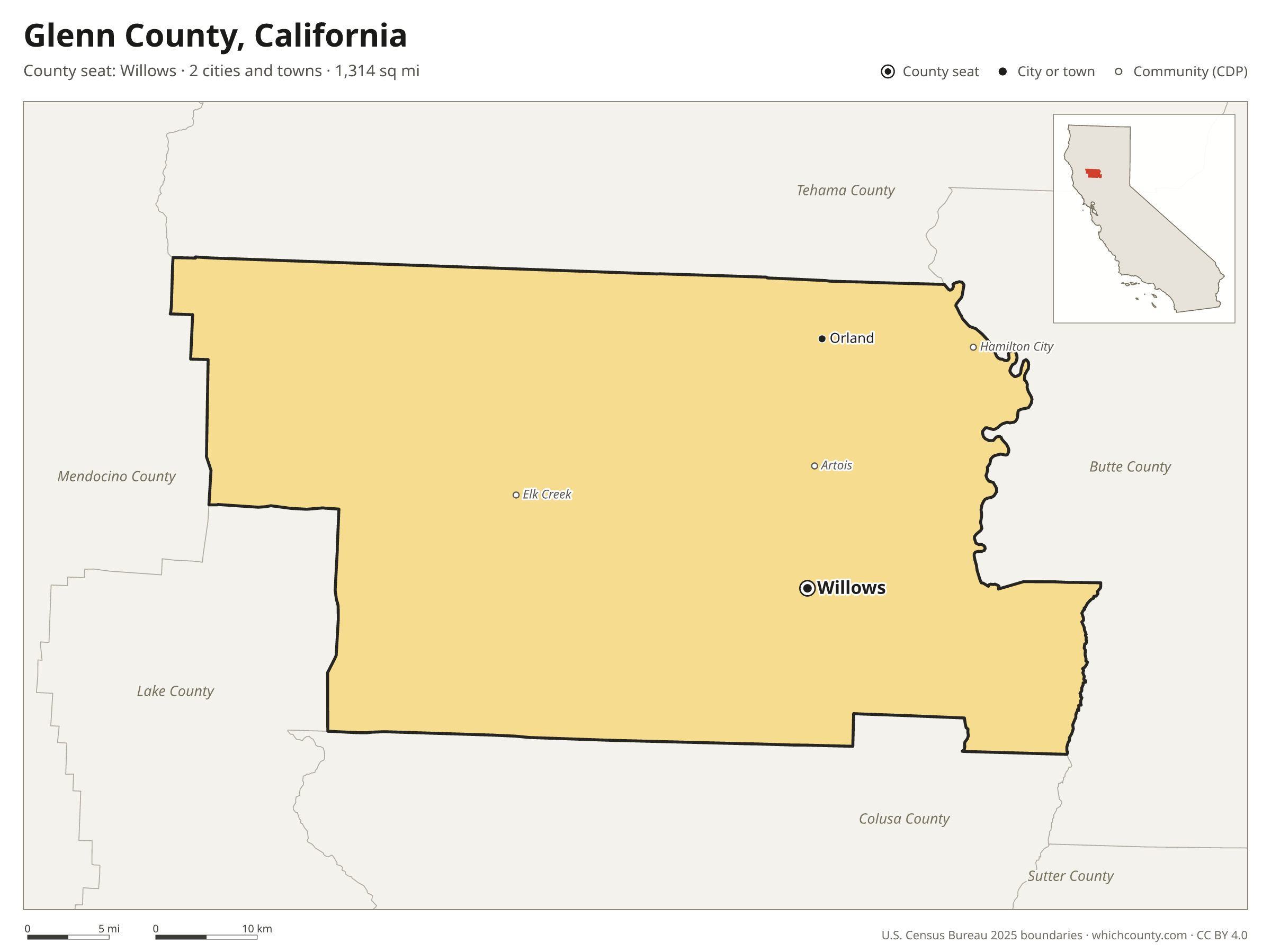 Map of Glenn County, California with cities, towns and the county boundary