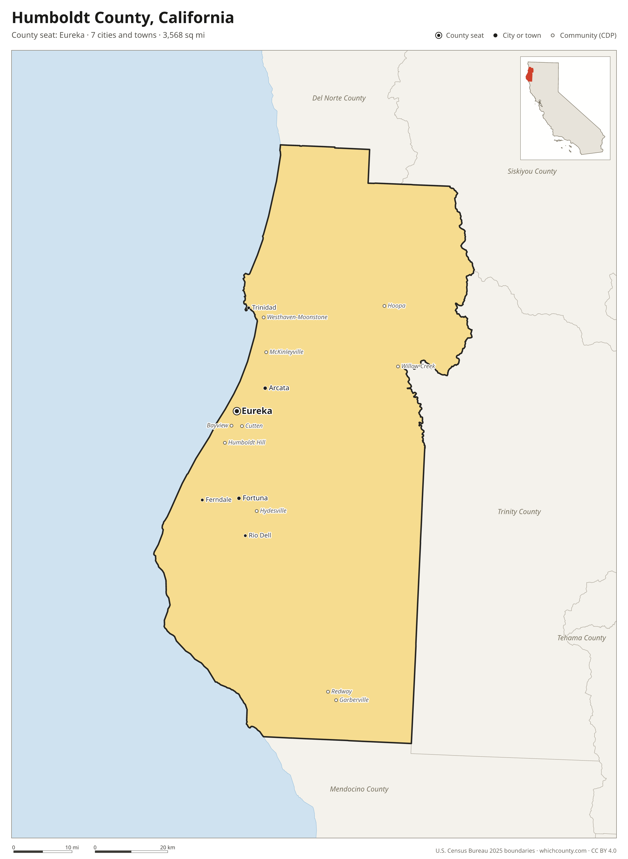 Map of Humboldt County, California with cities, towns and the county boundary