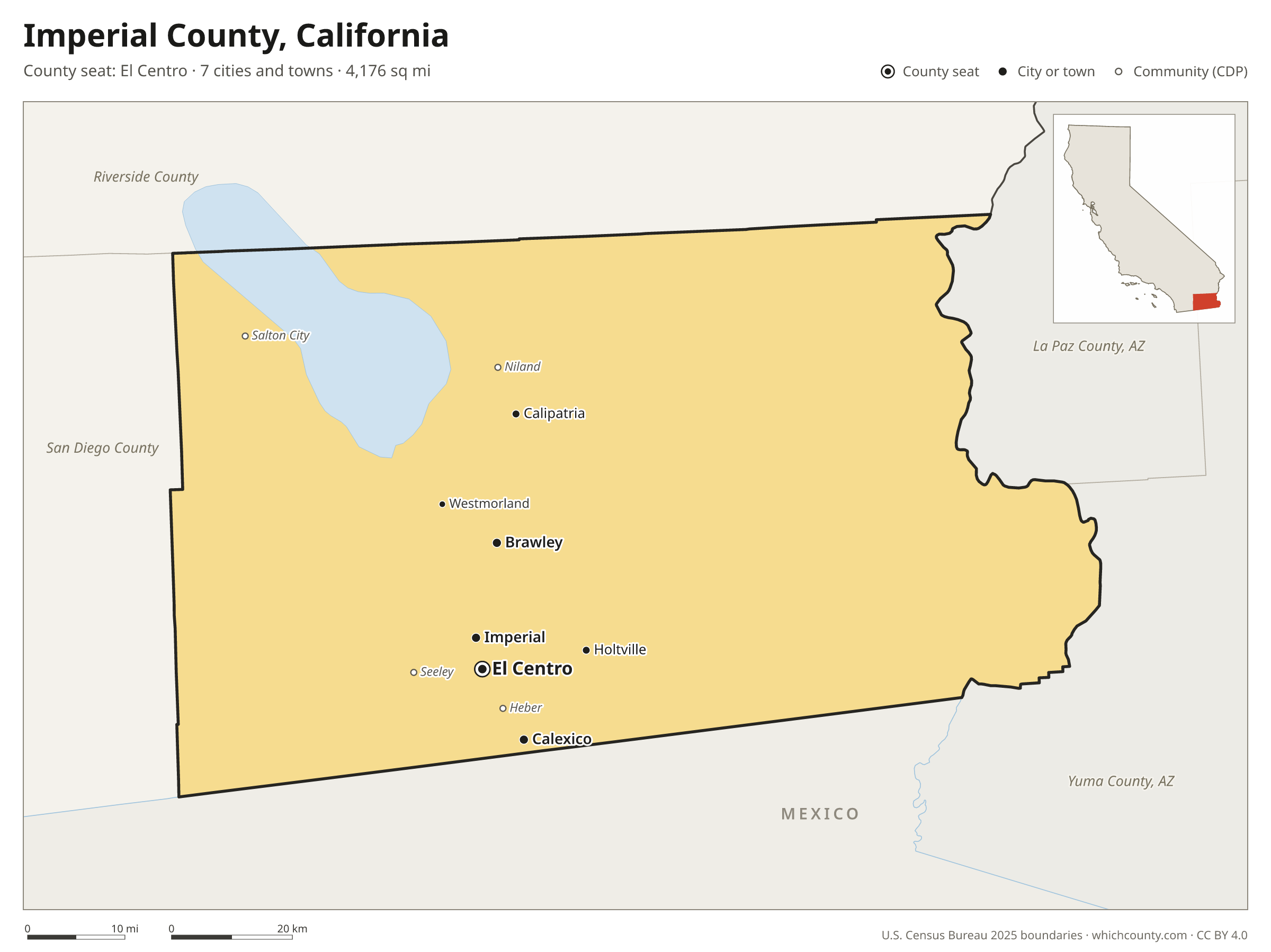 Map of Imperial County, California with cities, towns and the county boundary