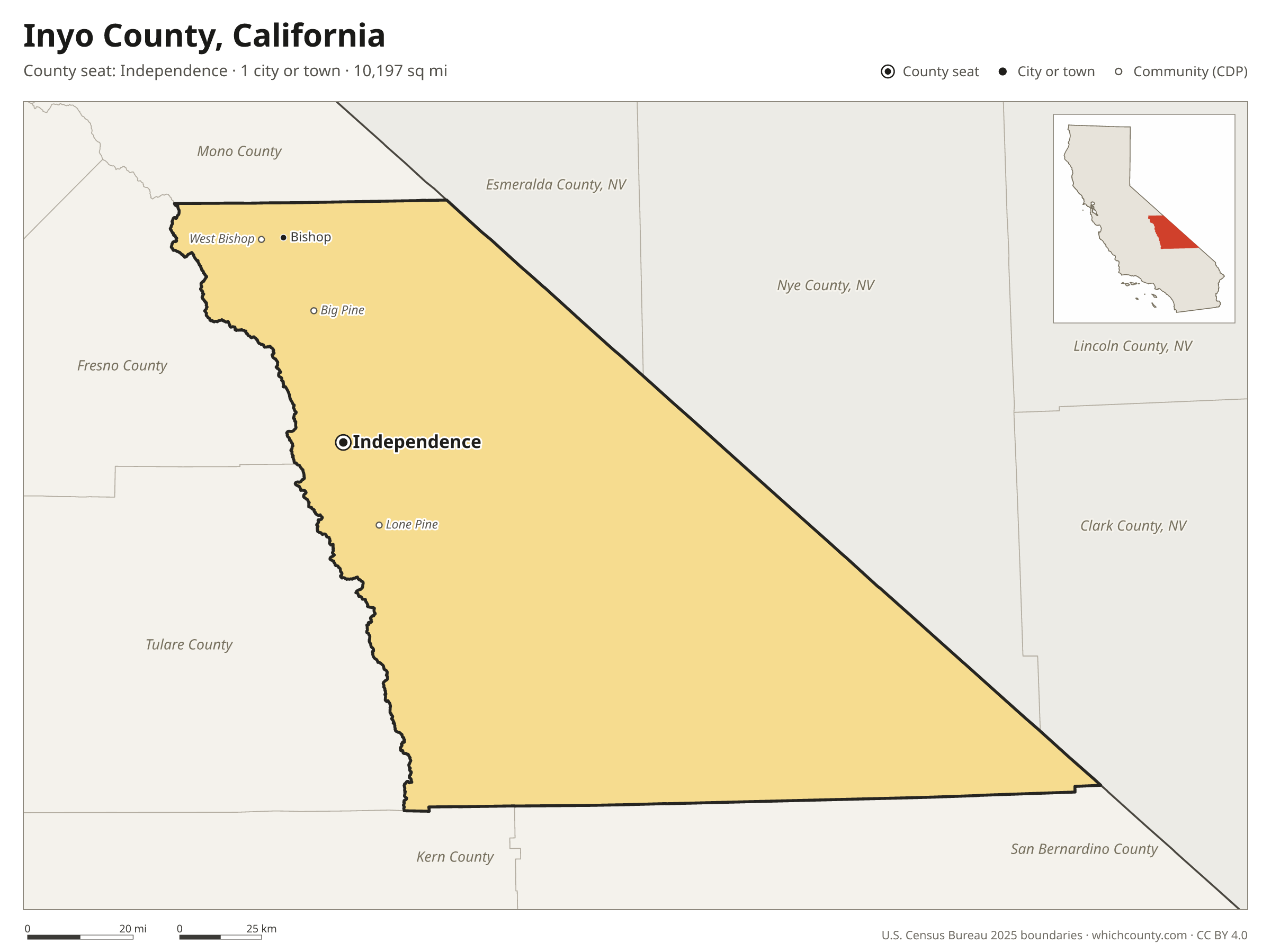 Map of Inyo County, California with cities, towns and the county boundary
