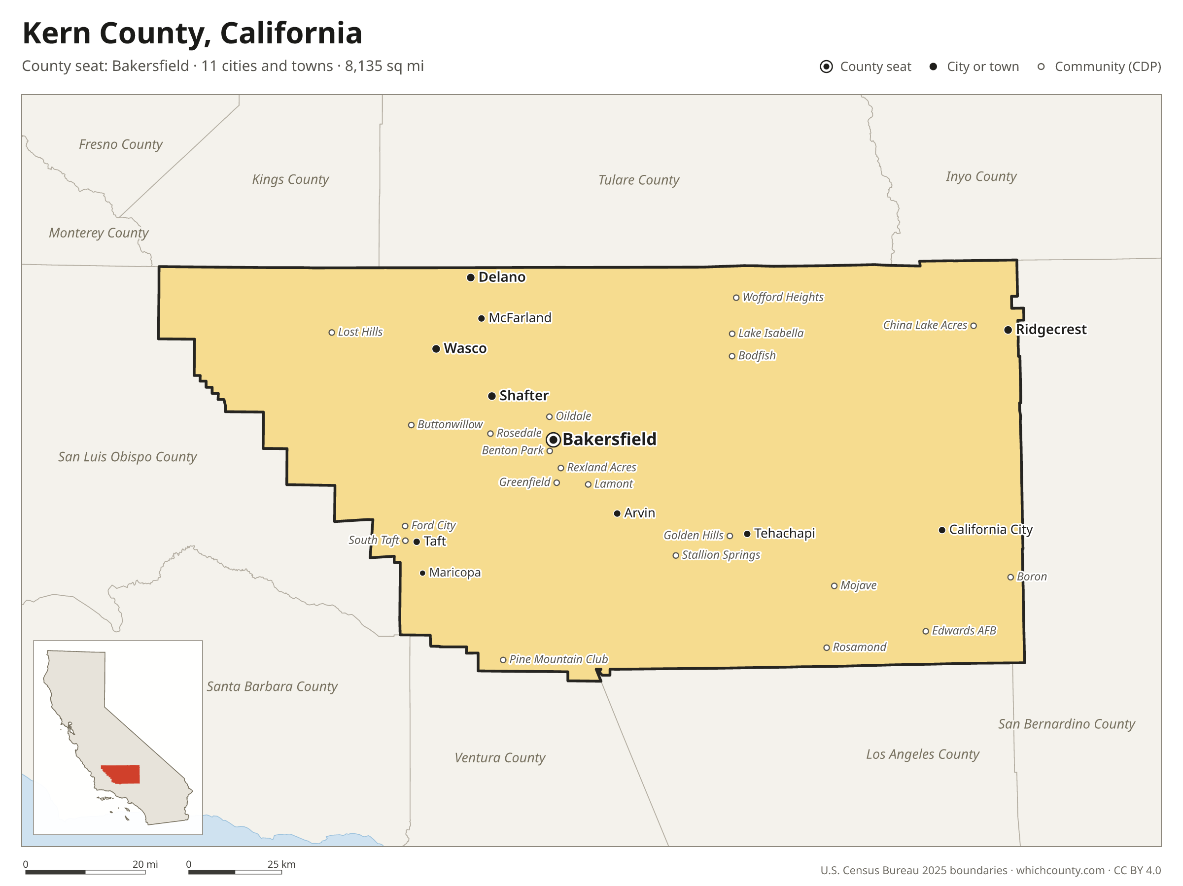 Map of Kern County, California with cities, towns and the county boundary