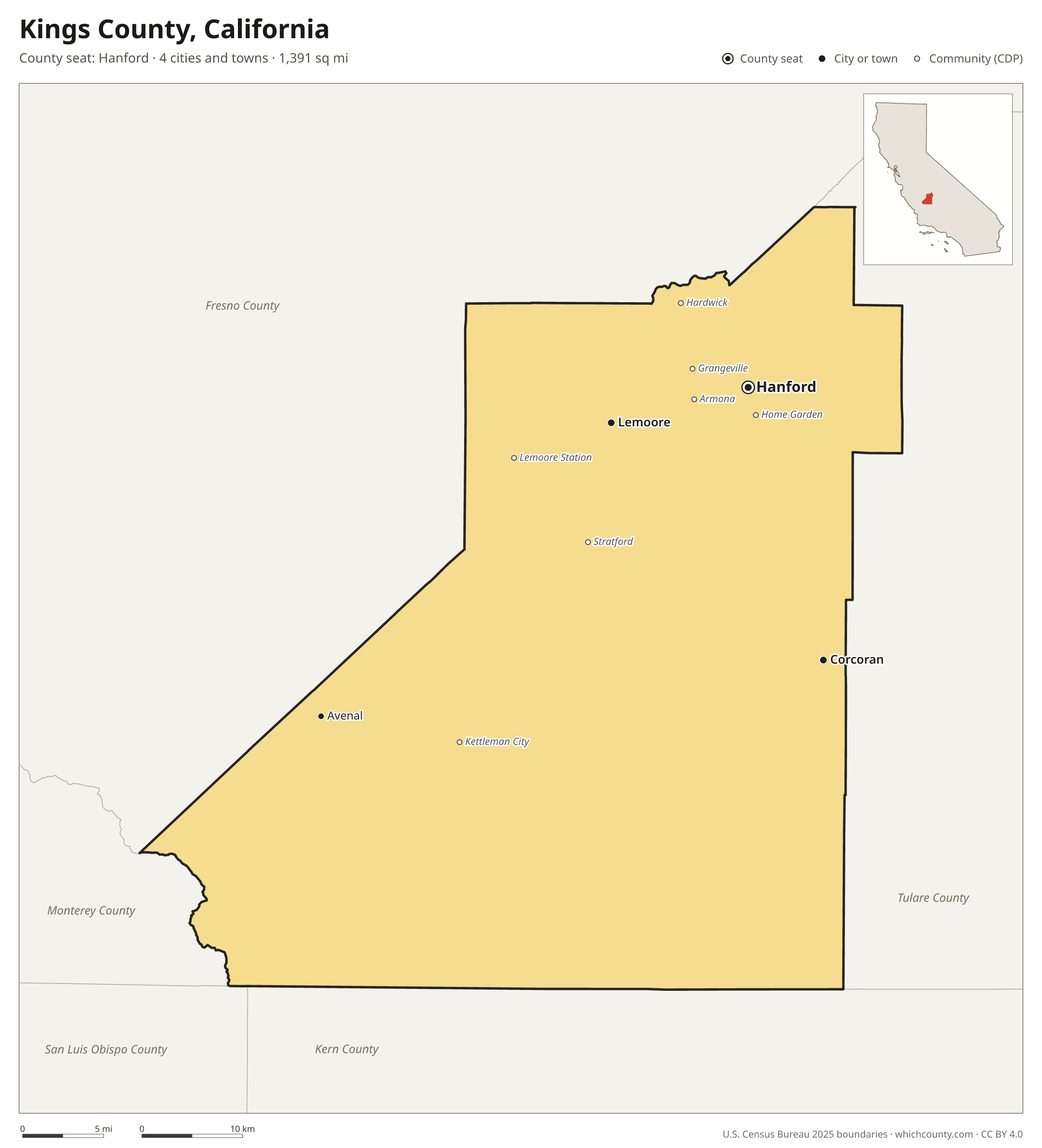 Map of Kings County, California with cities, towns and the county boundary