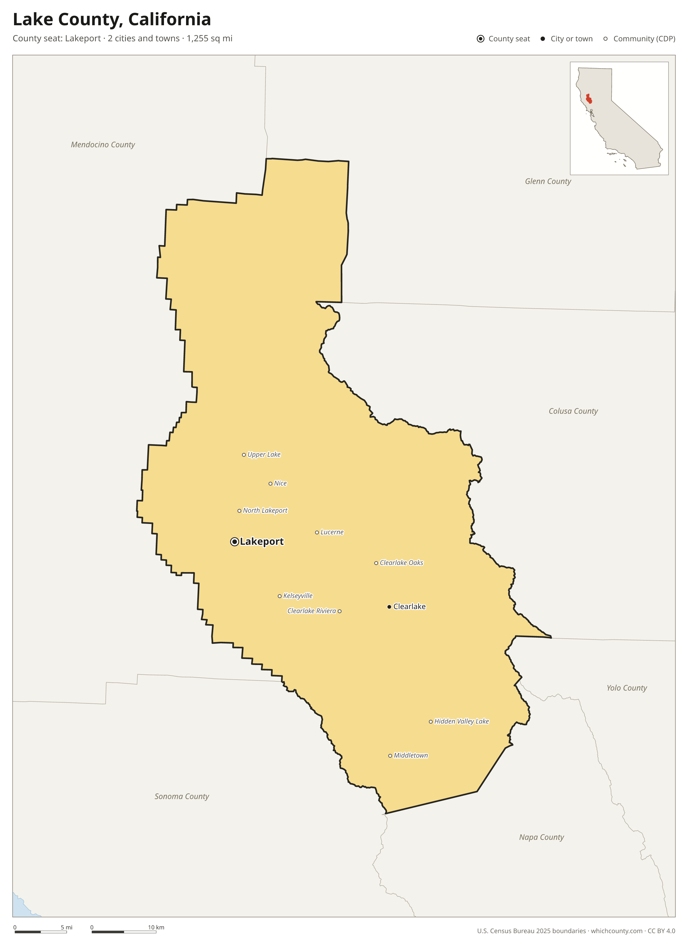 Map of Lake County, California with cities, towns and the county boundary