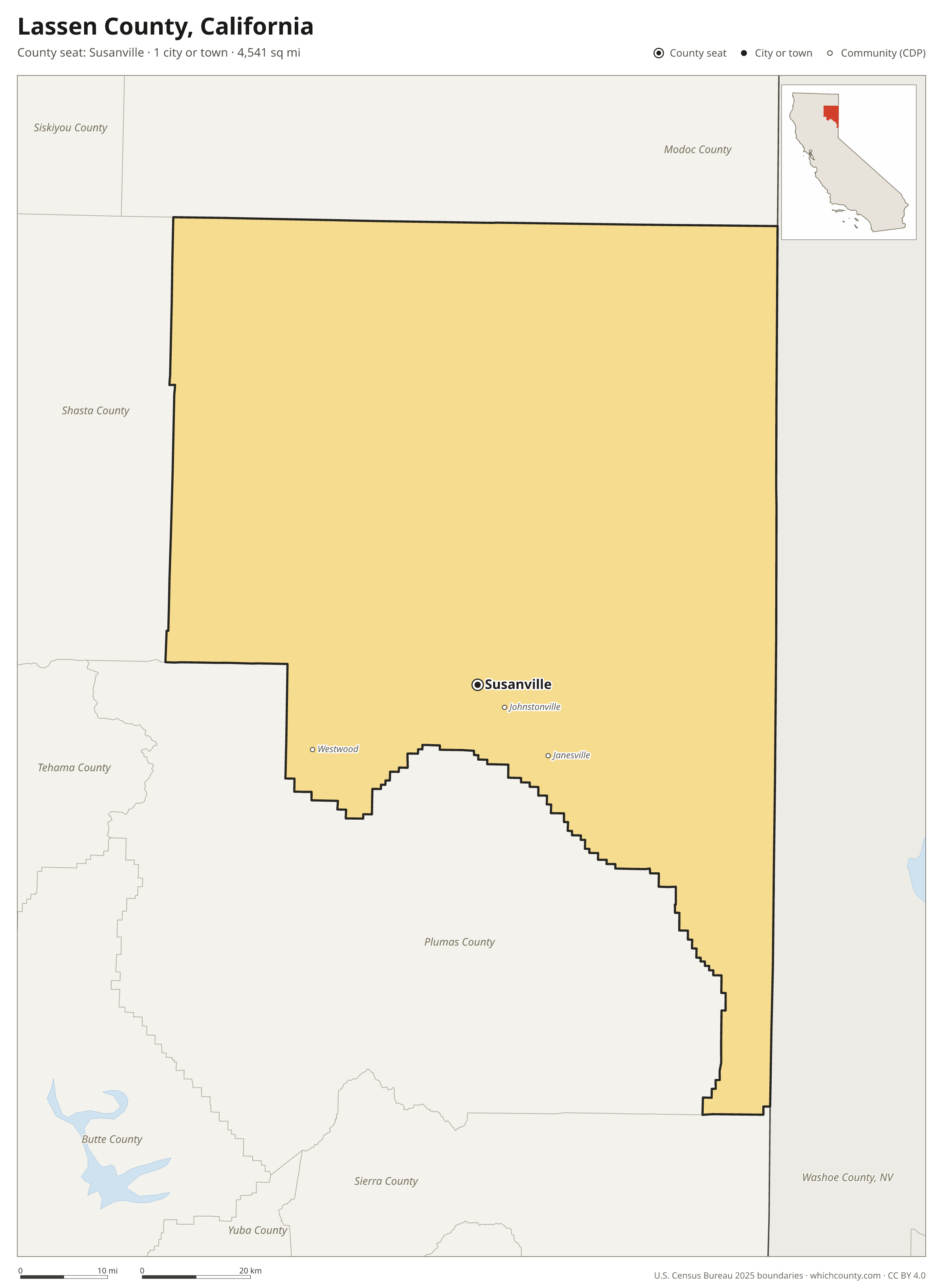 Map of Lassen County, California with cities, towns and the county boundary