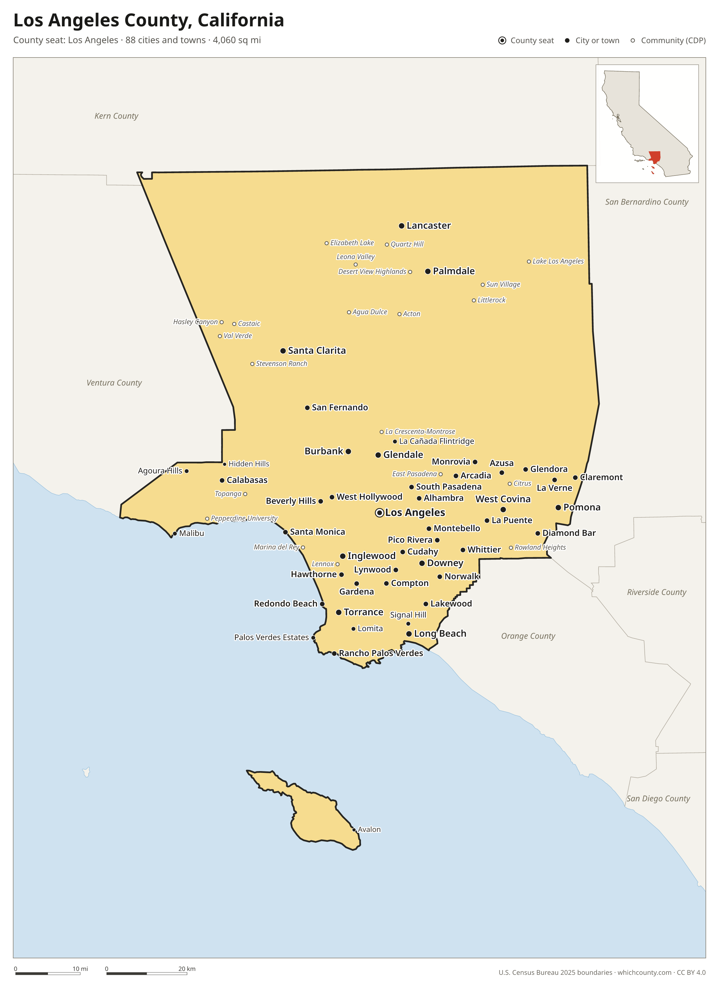 Map of Los Angeles County, California with cities, towns and the county boundary