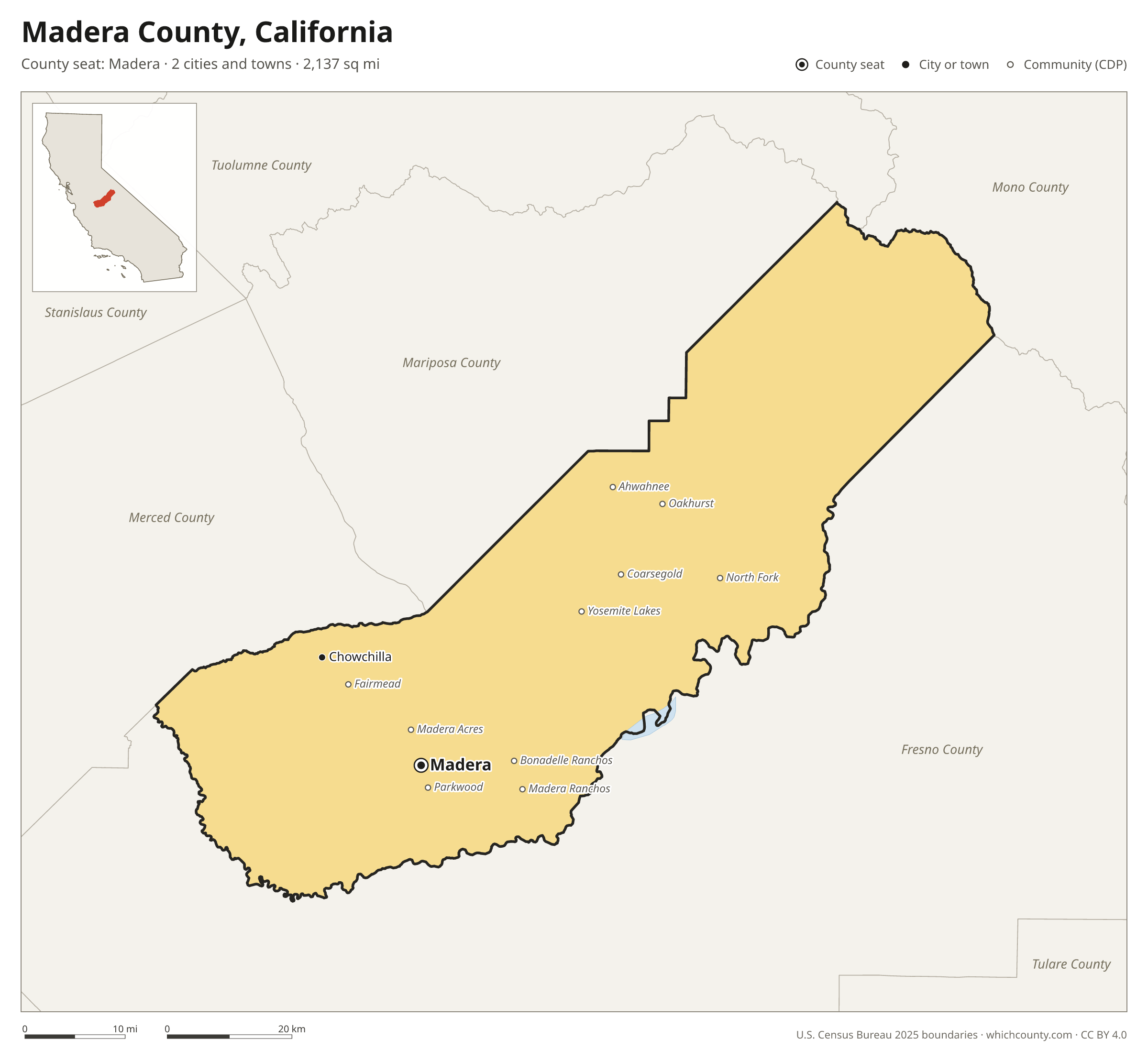 Map of Madera County, California with cities, towns and the county boundary