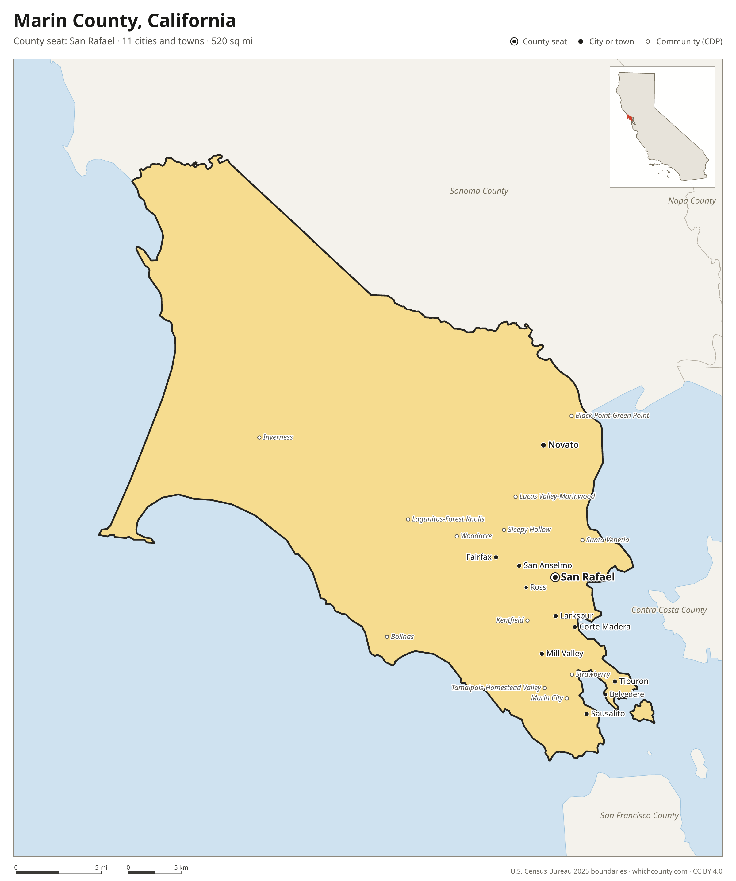 Map of Marin County, California with cities, towns and the county boundary