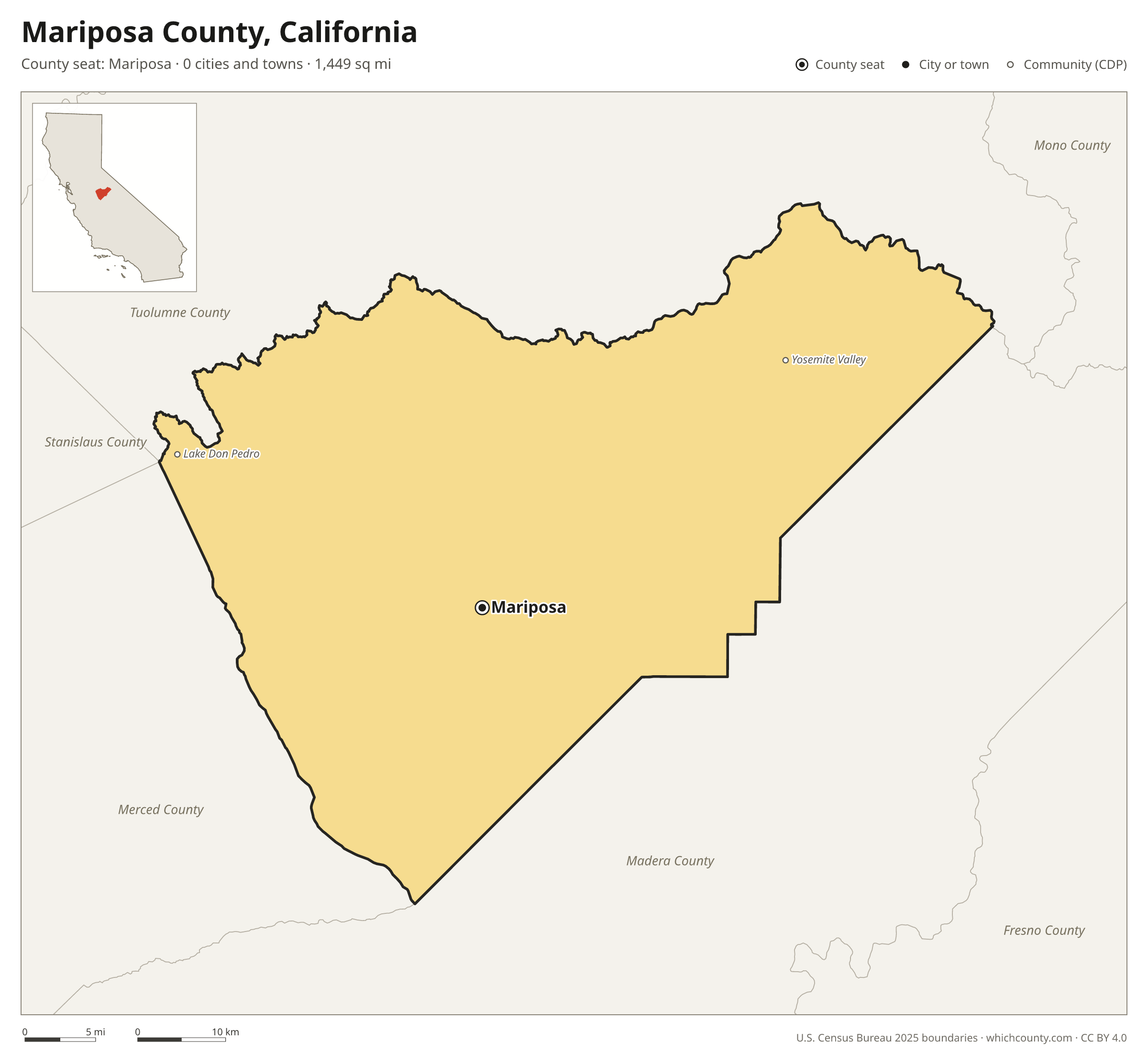 Map of Mariposa County, California with cities, towns and the county boundary