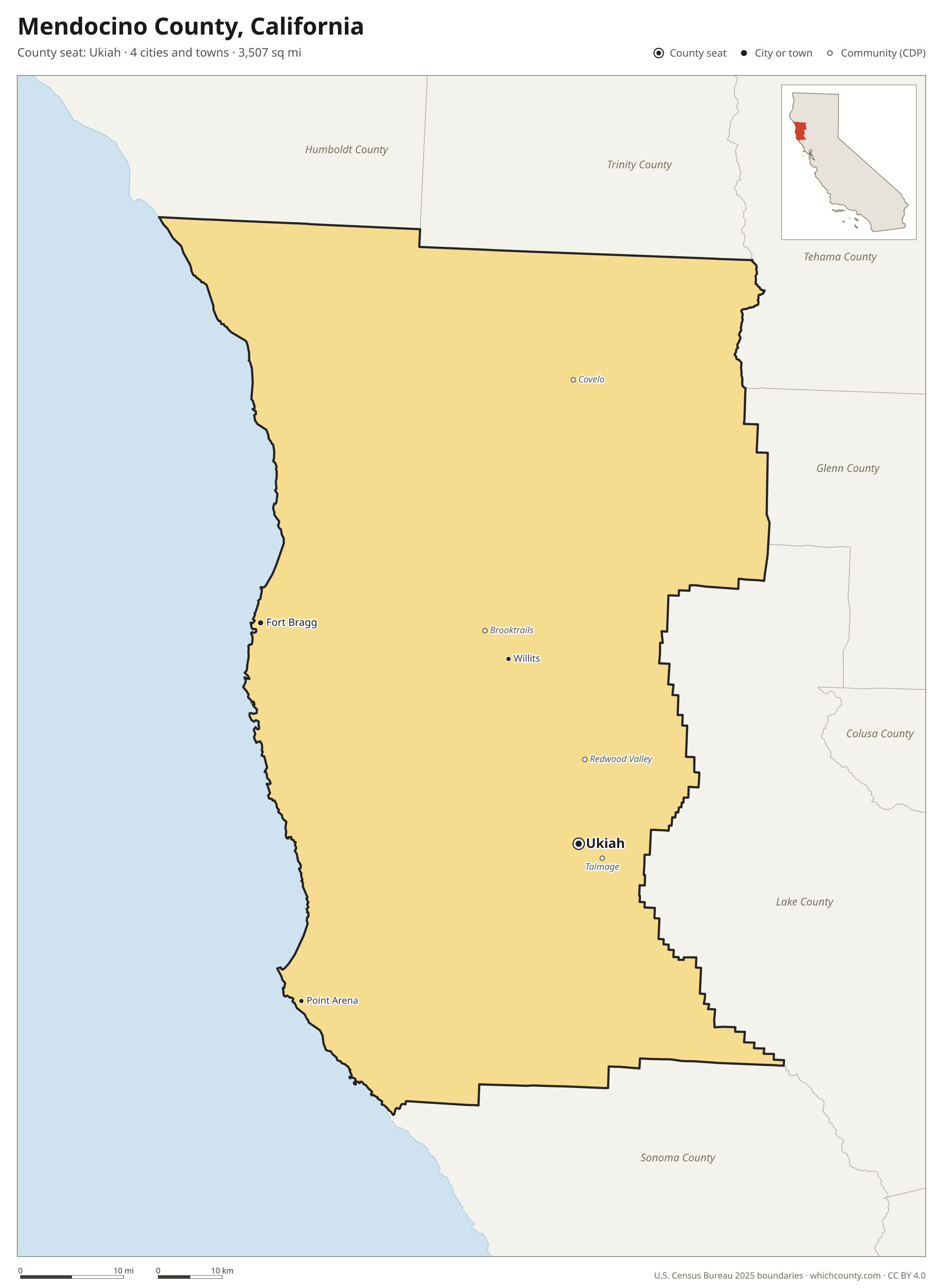 Map of Mendocino County, California with cities, towns and the county boundary