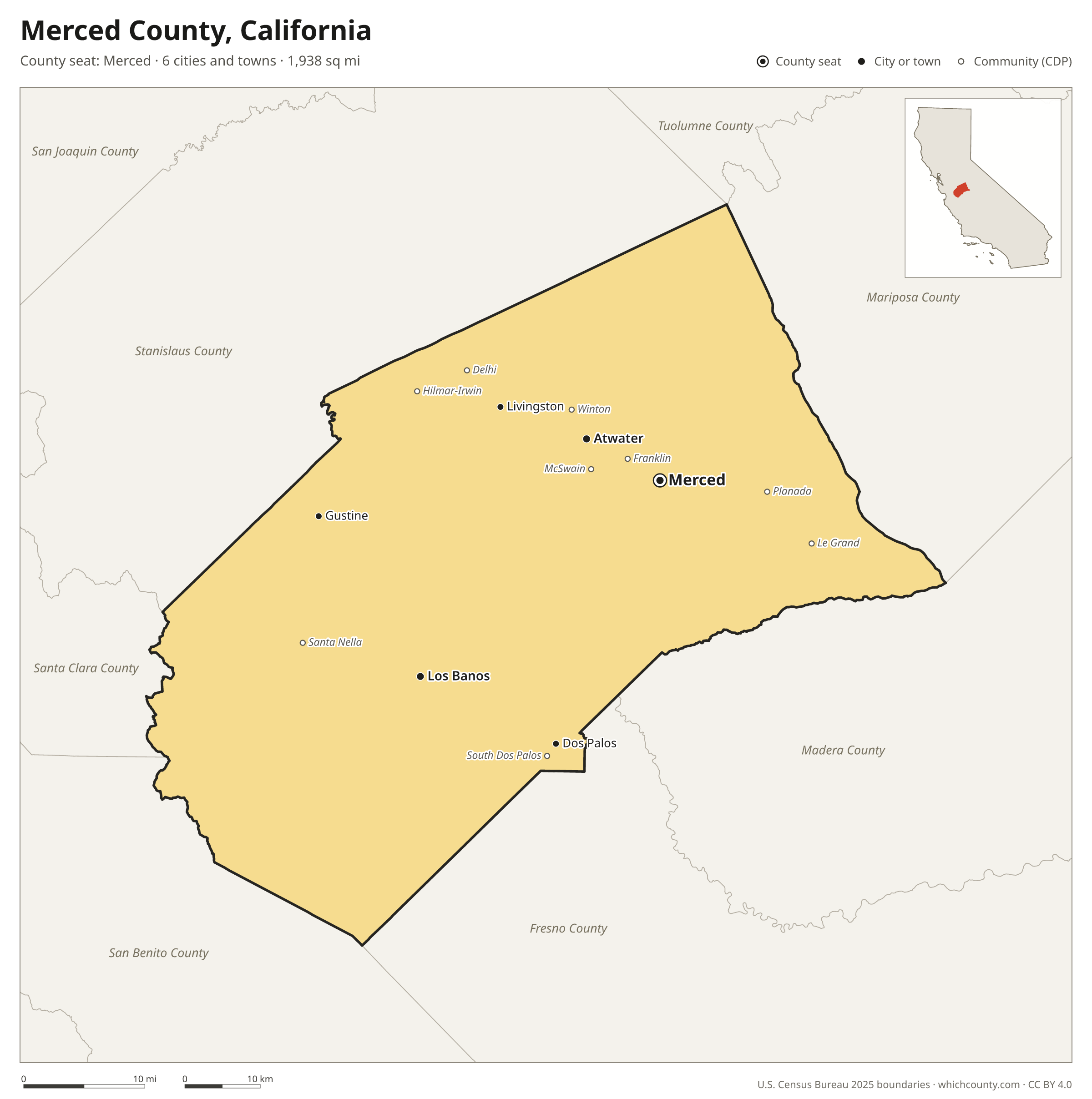 Map of Merced County, California with cities, towns and the county boundary