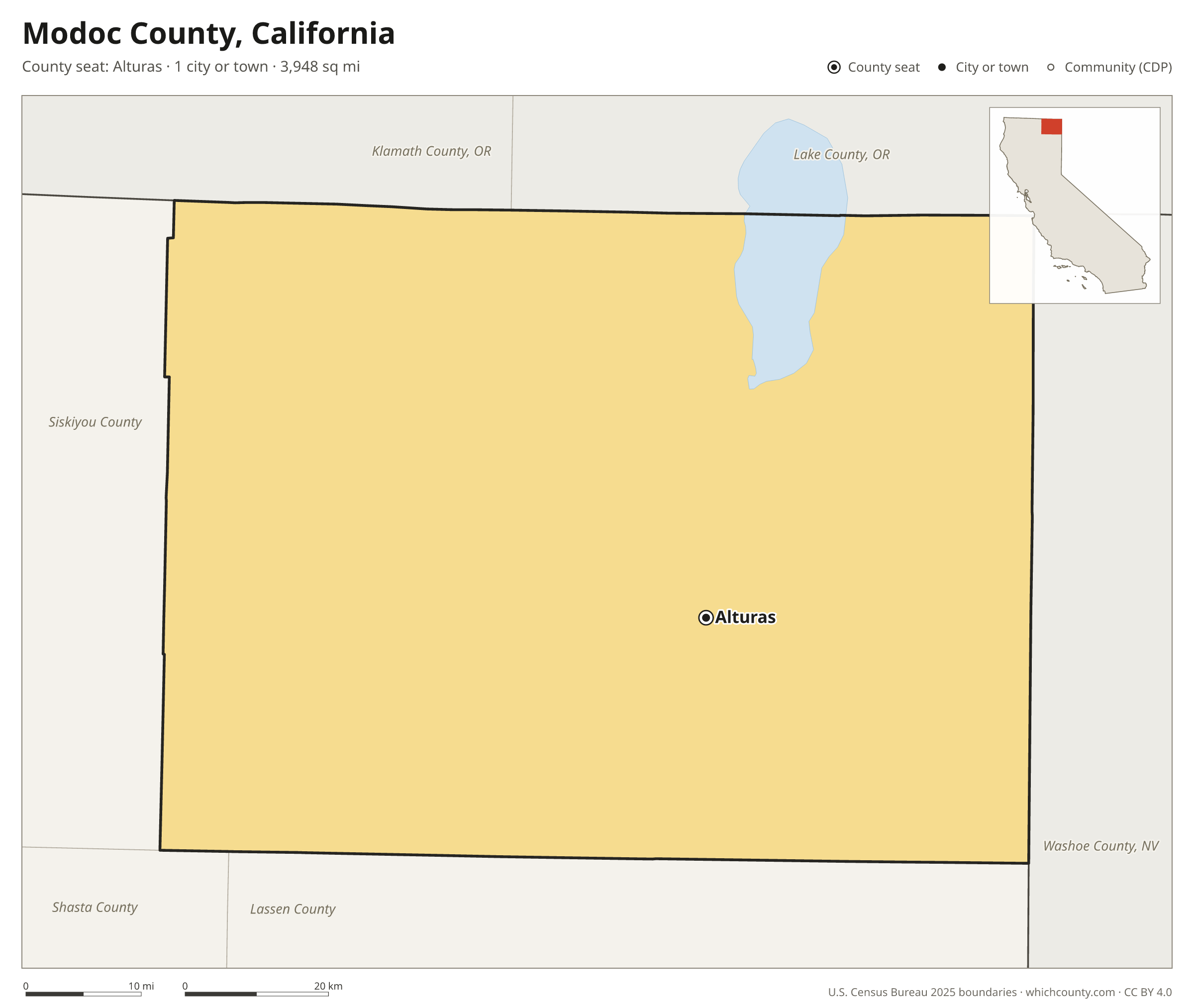 Map of Modoc County, California with cities, towns and the county boundary