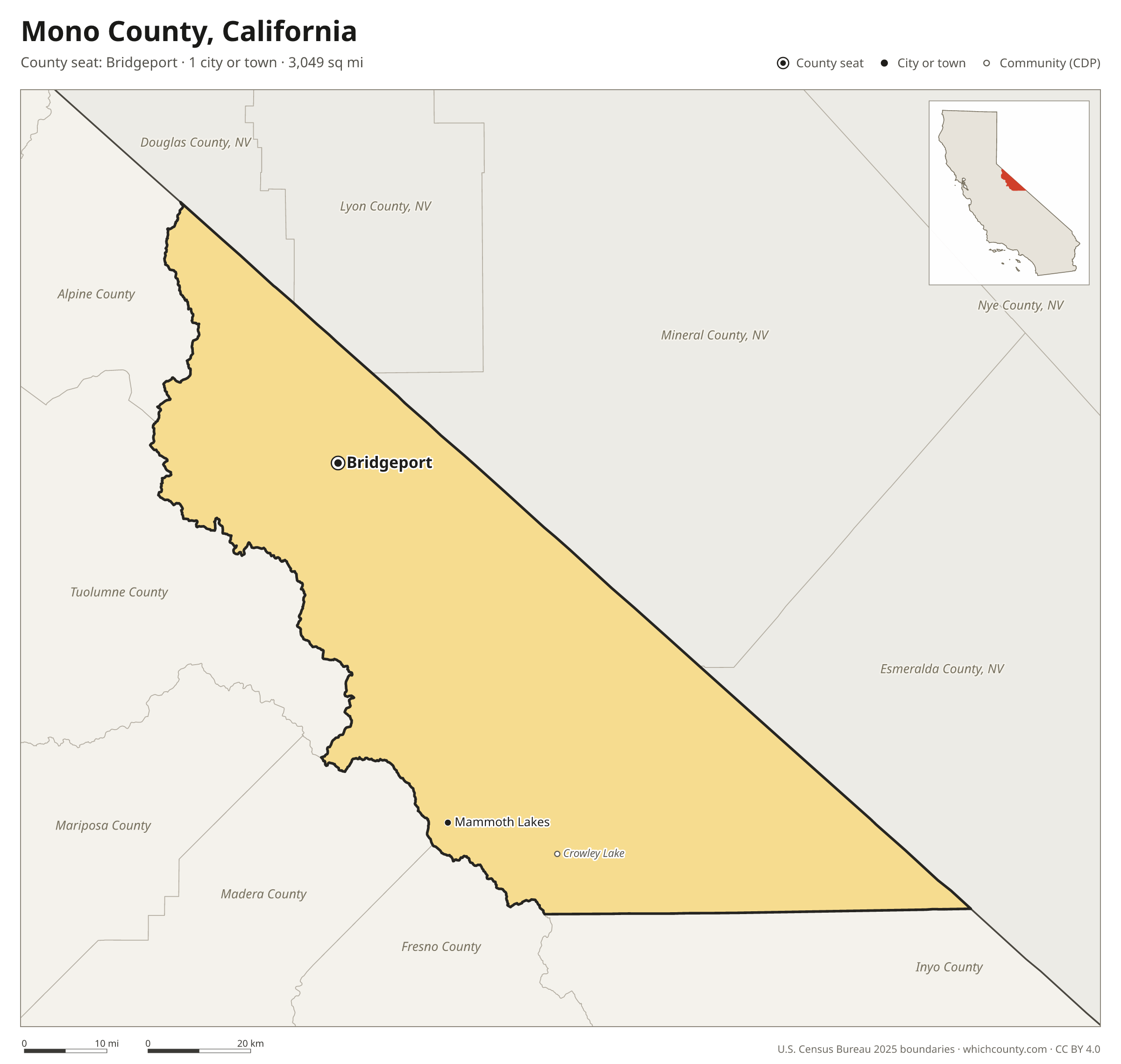 Map of Mono County, California with cities, towns and the county boundary