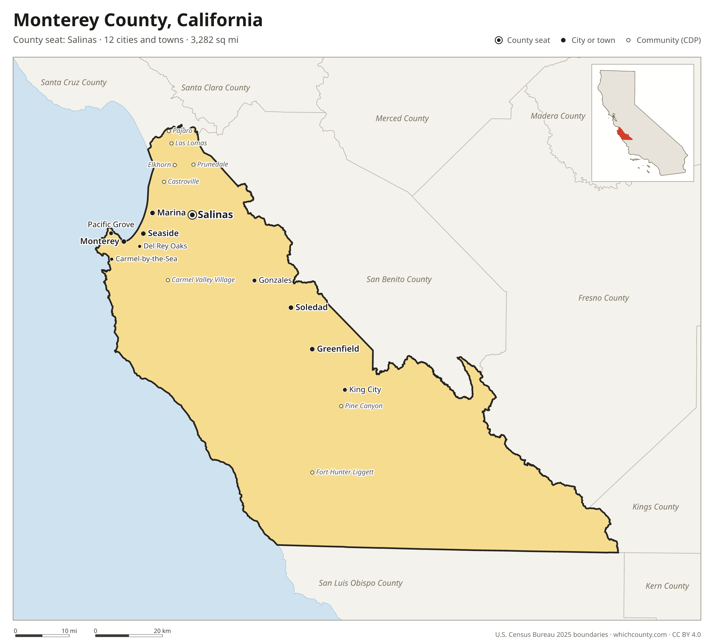 Map of Monterey County, California with cities, towns and the county boundary
