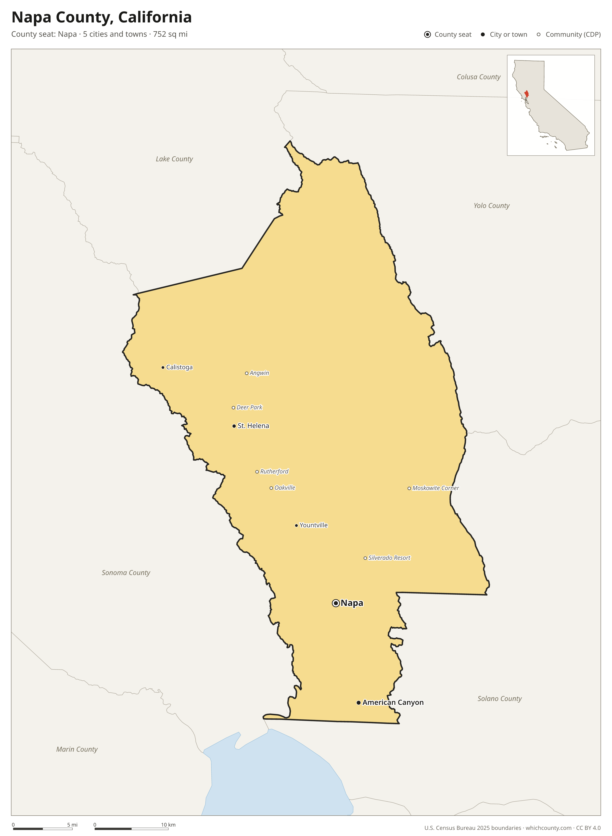 Map of Napa County, California with cities, towns and the county boundary