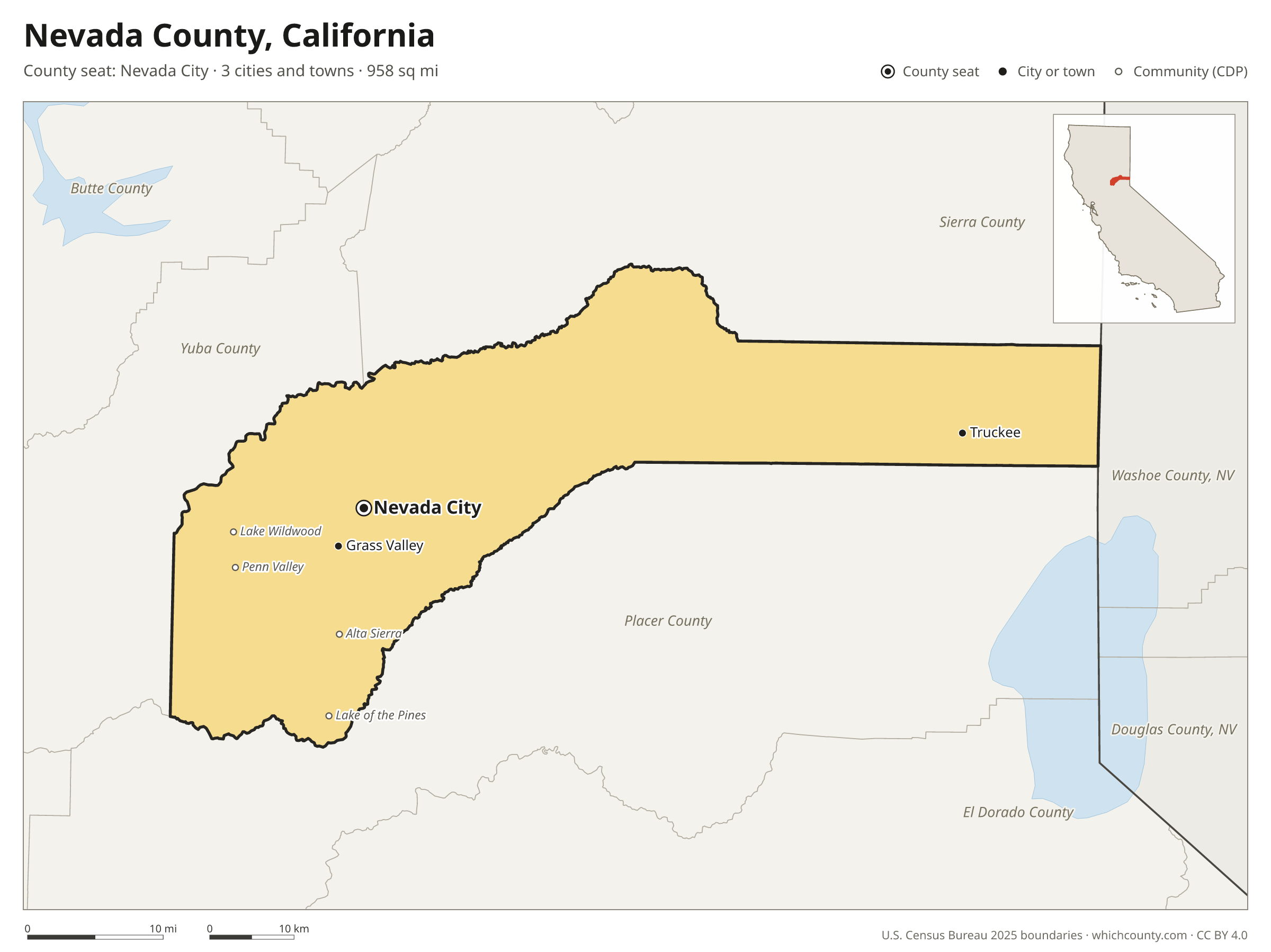 Map of Nevada County, California with cities, towns and the county boundary