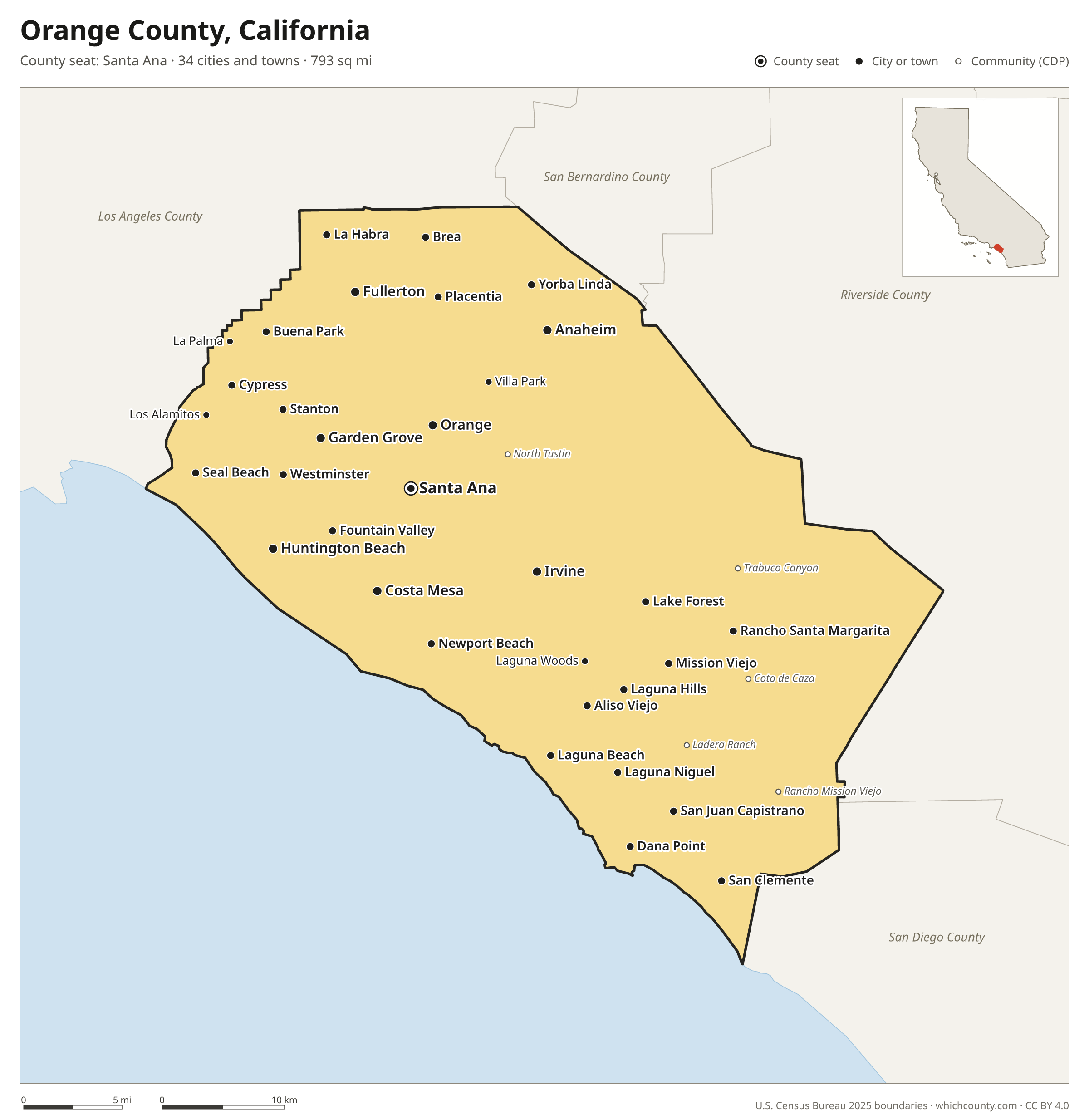 Map of Orange County, California with cities, towns and the county boundary