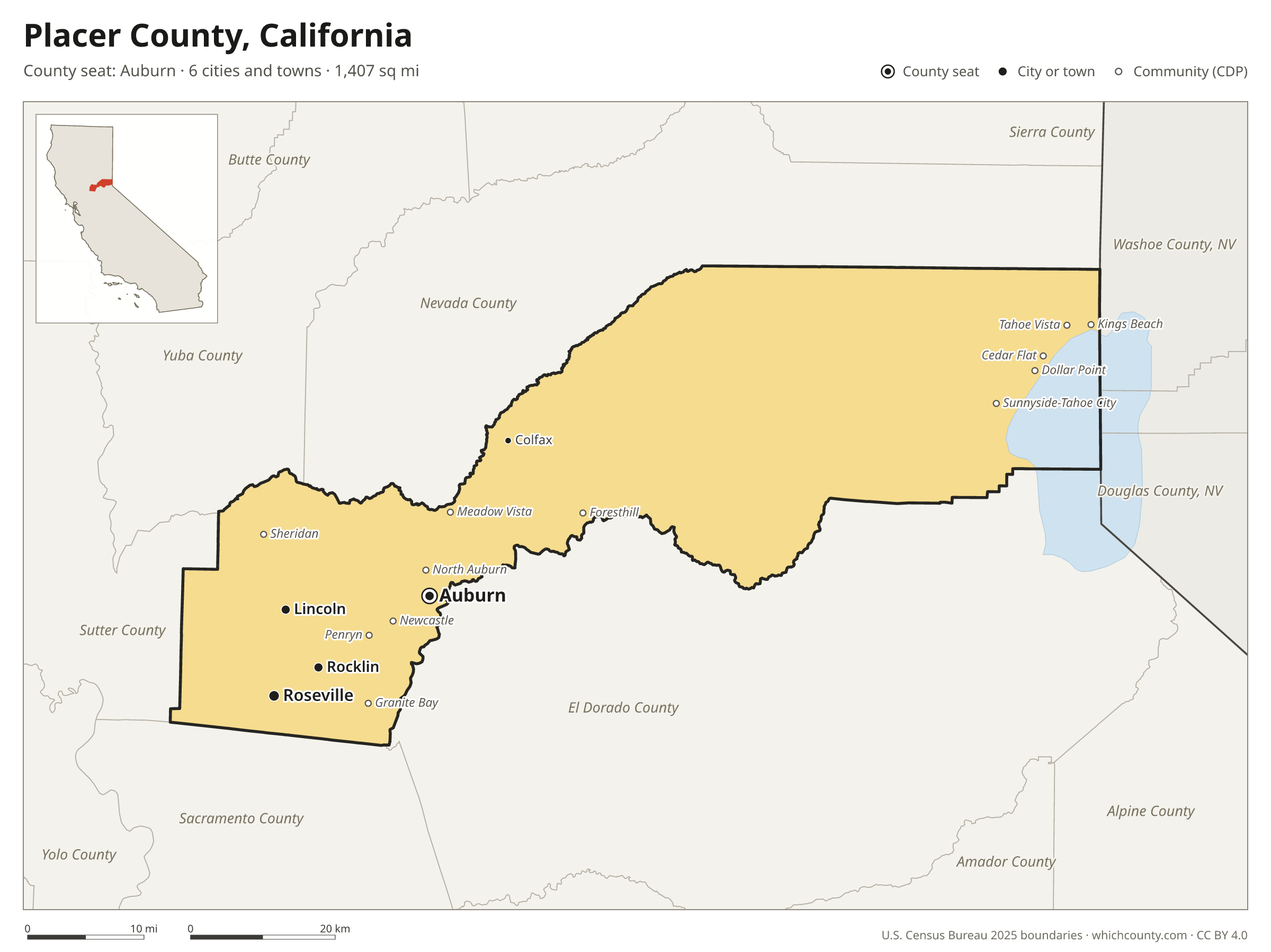 Map of Placer County, California with cities, towns and the county boundary