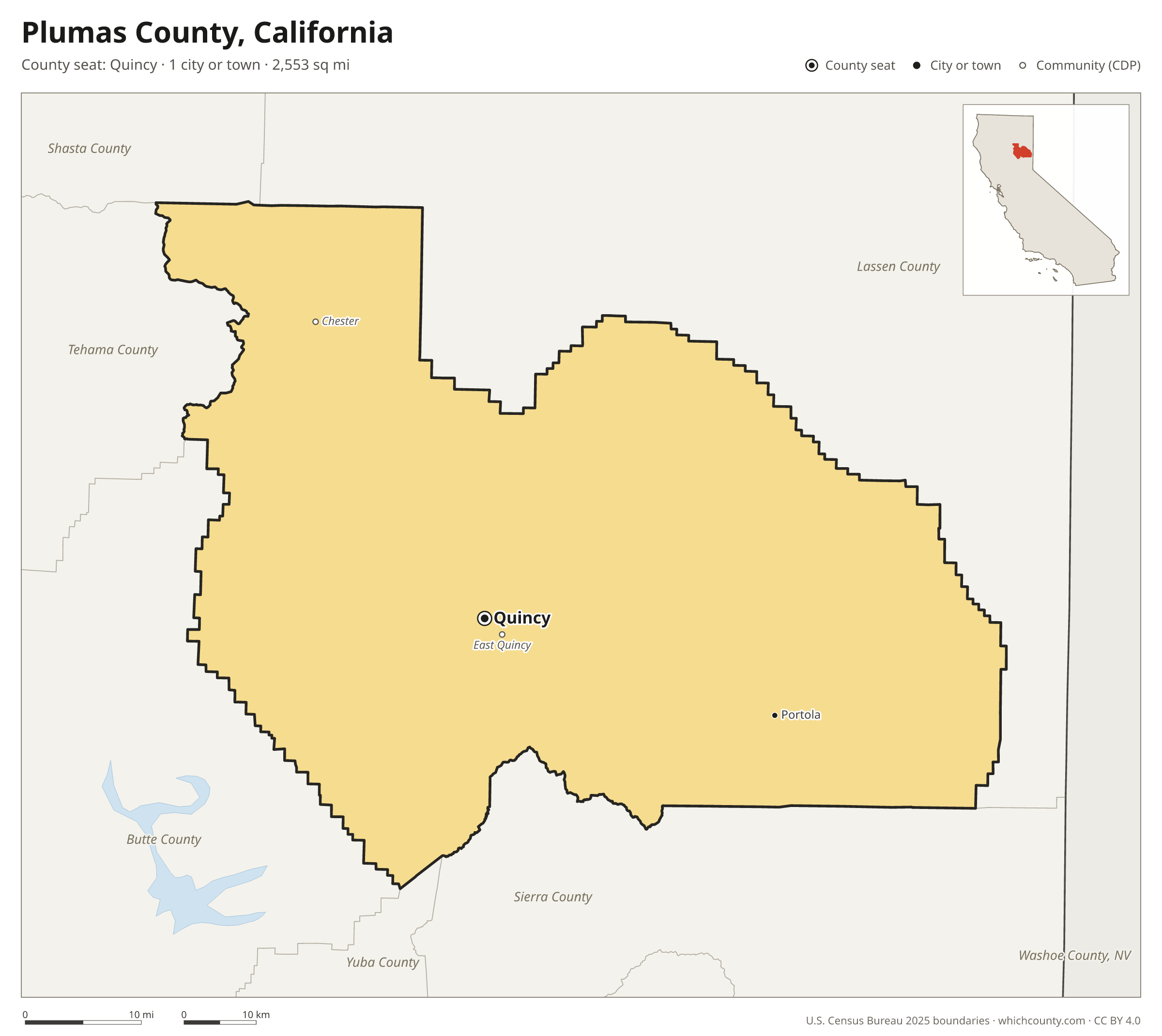 Map of Plumas County, California with cities, towns and the county boundary