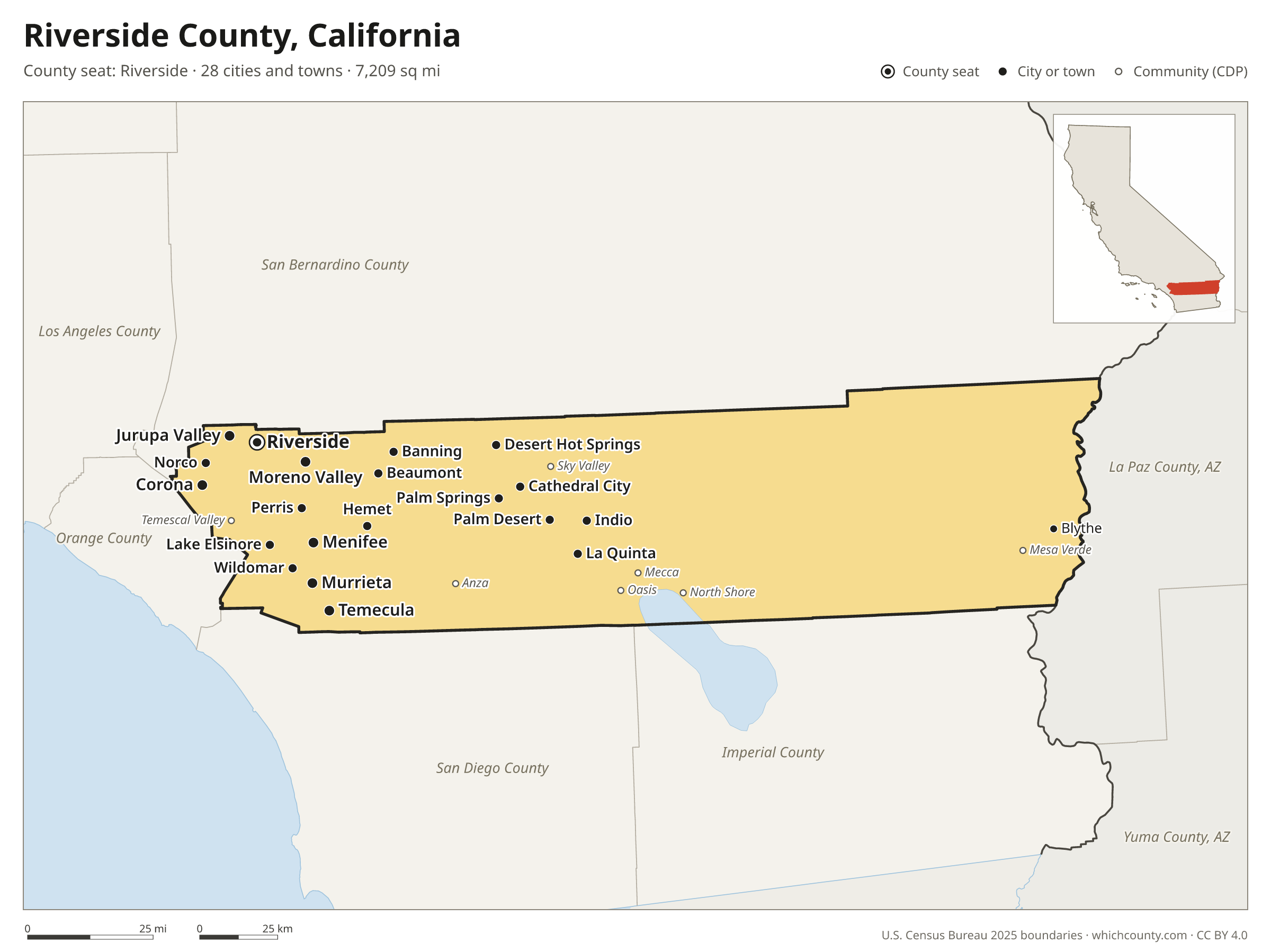 Map of Riverside County, California with cities, towns and the county boundary