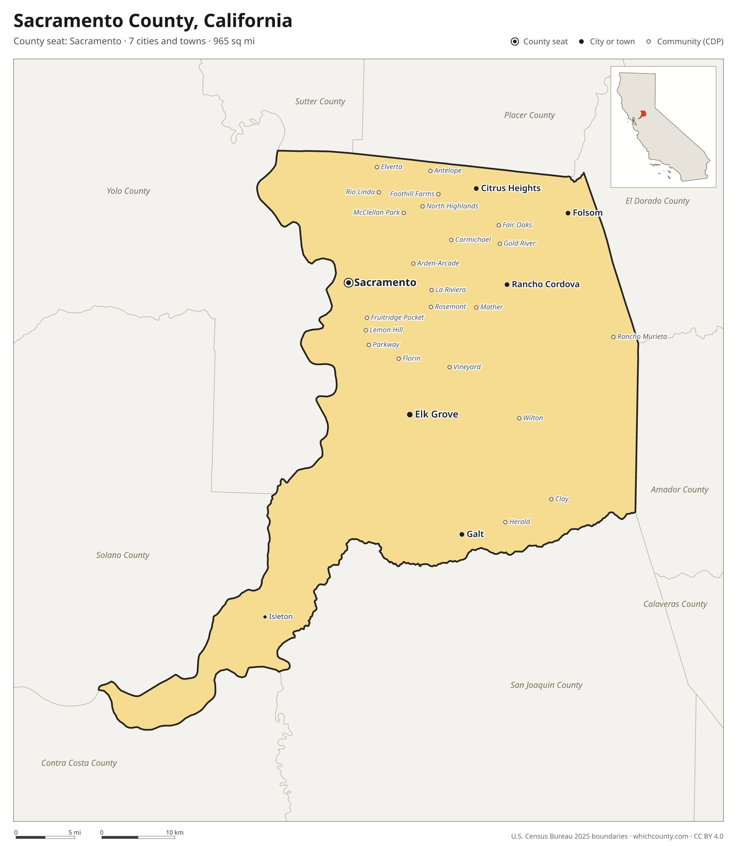 Map of Sacramento County, California with cities, towns and the county boundary