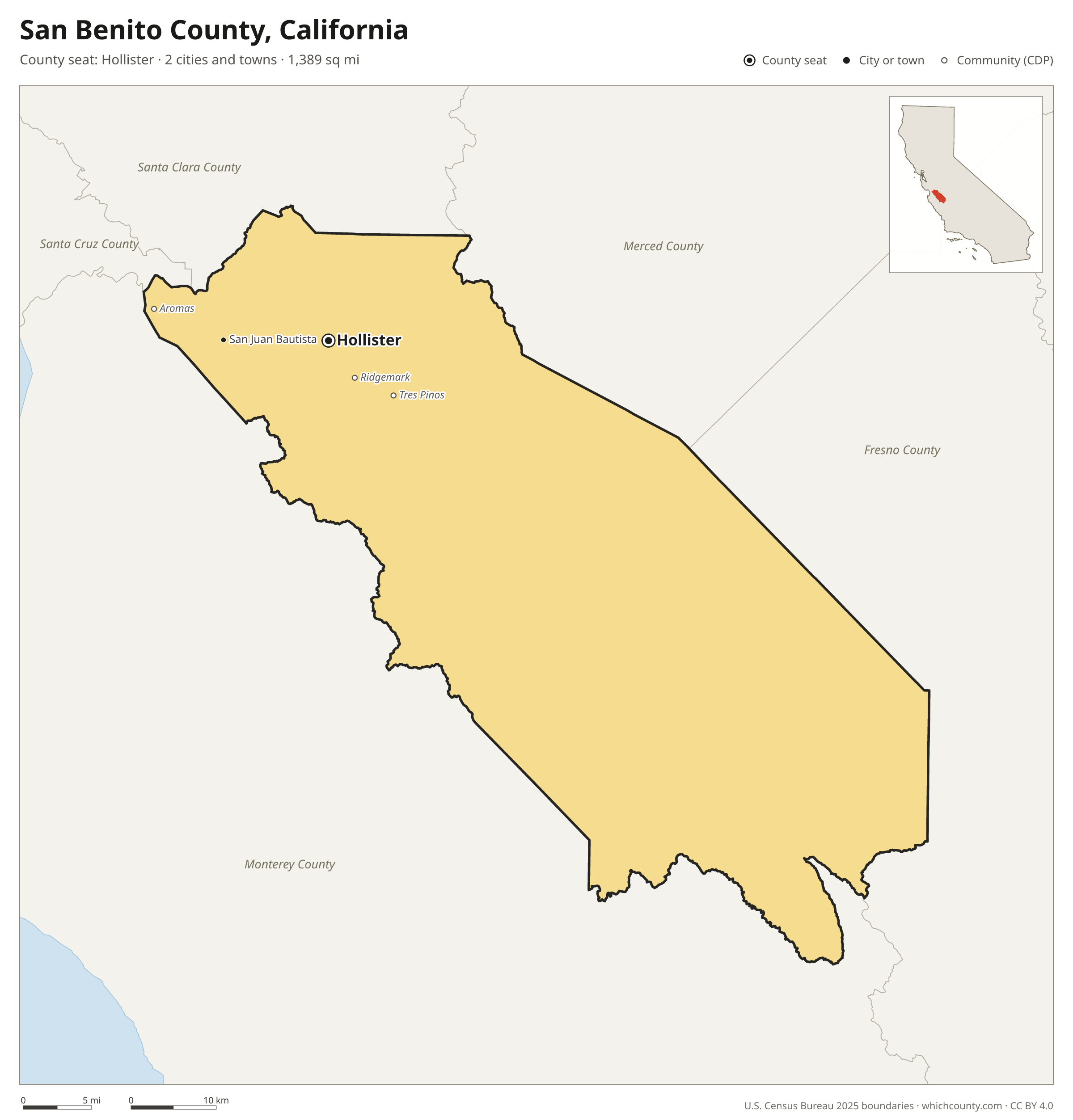 Map of San Benito County, California with cities, towns and the county boundary