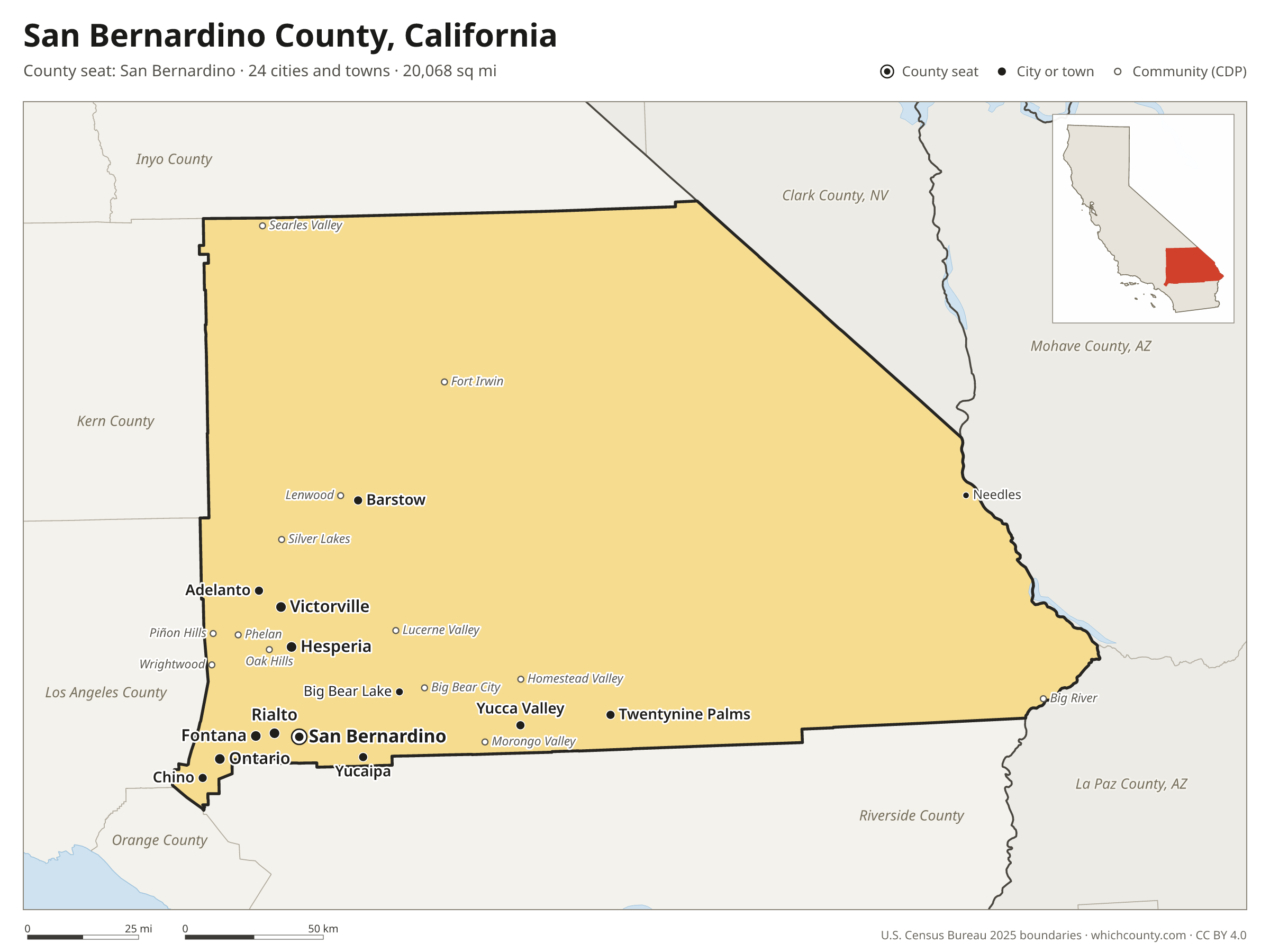 Map of San Bernardino County, California with cities, towns and the county boundary