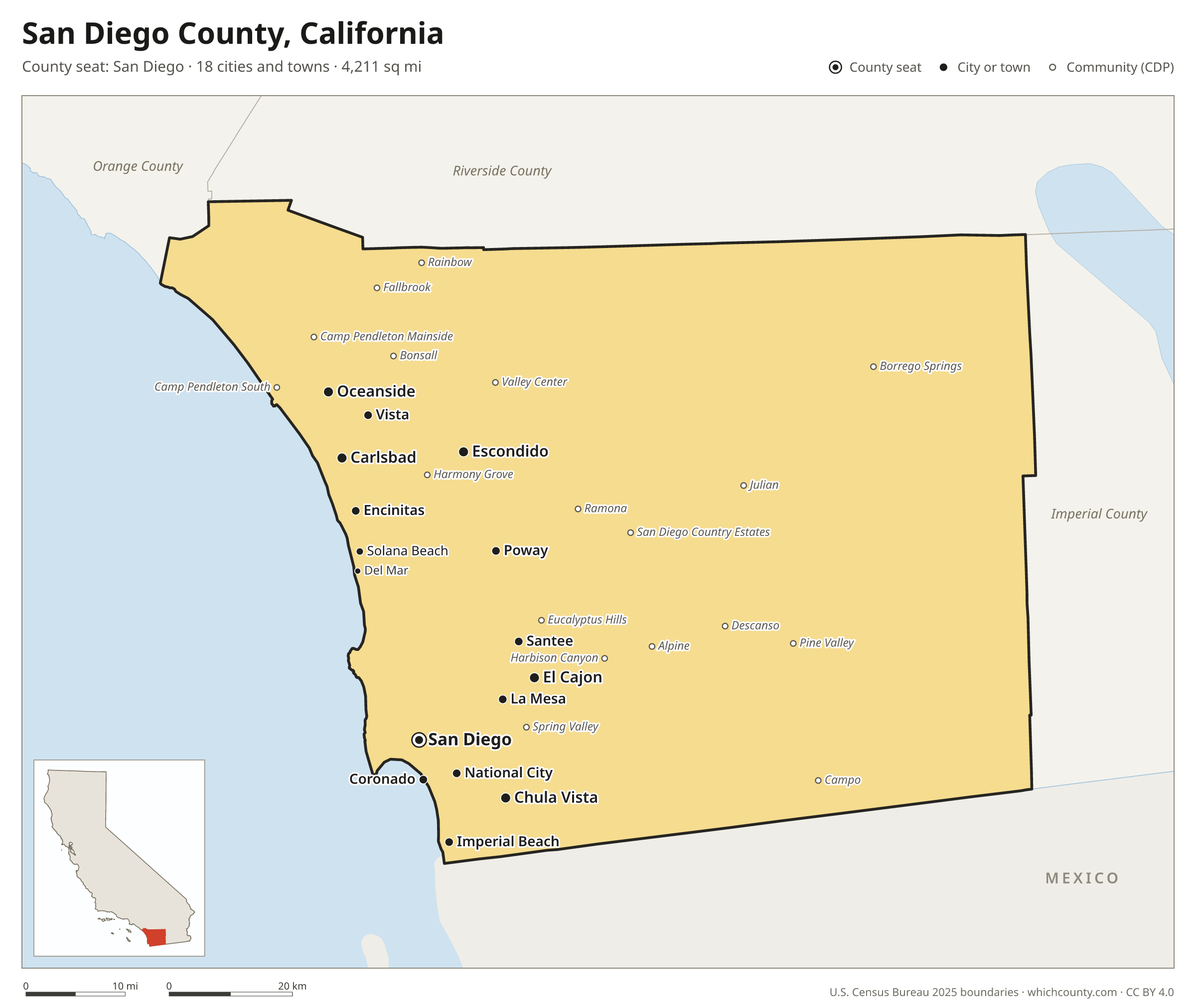 Map of San Diego County, California with cities, towns and the county boundary