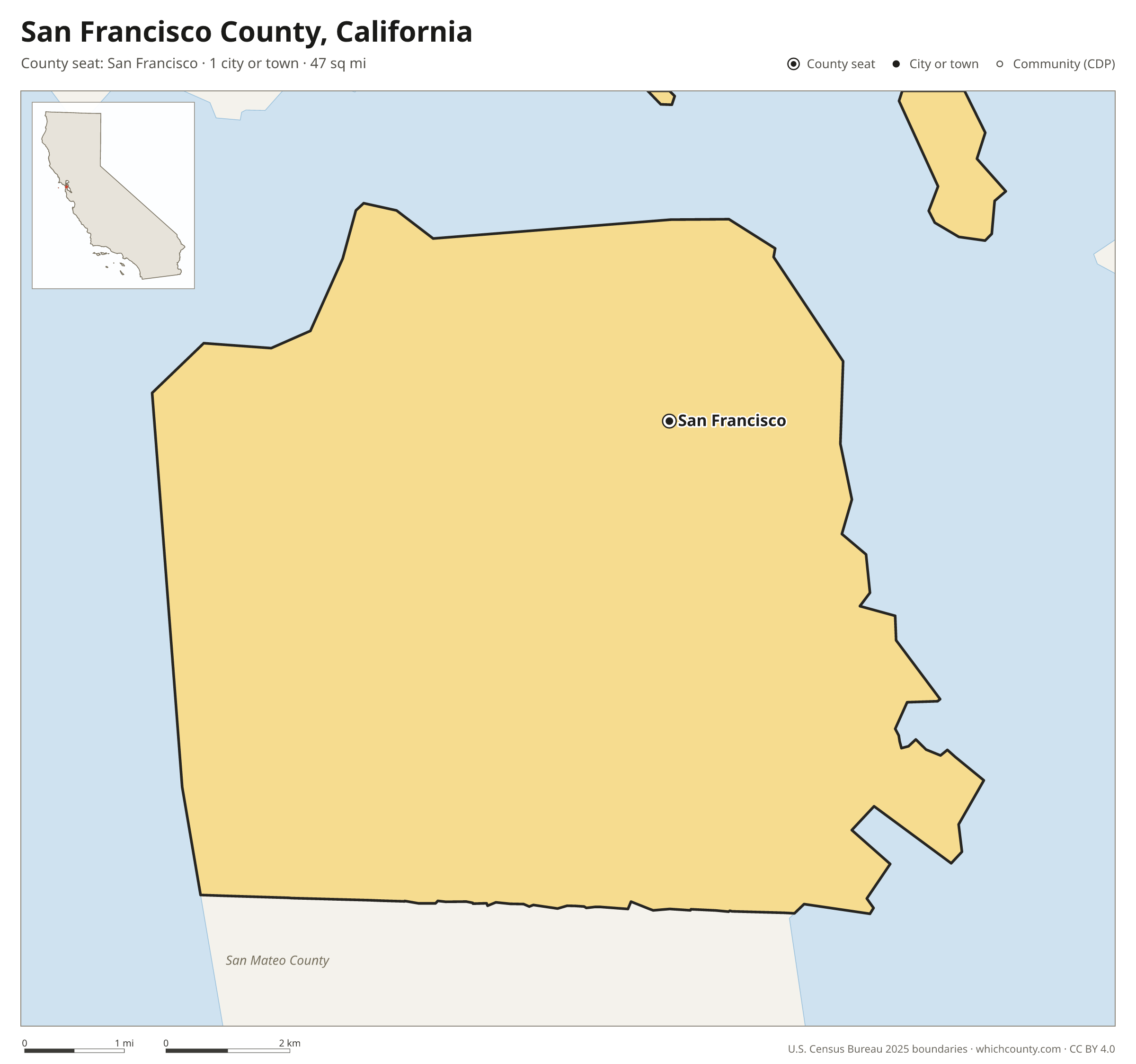 Map of San Francisco County, California with cities, towns and the county boundary