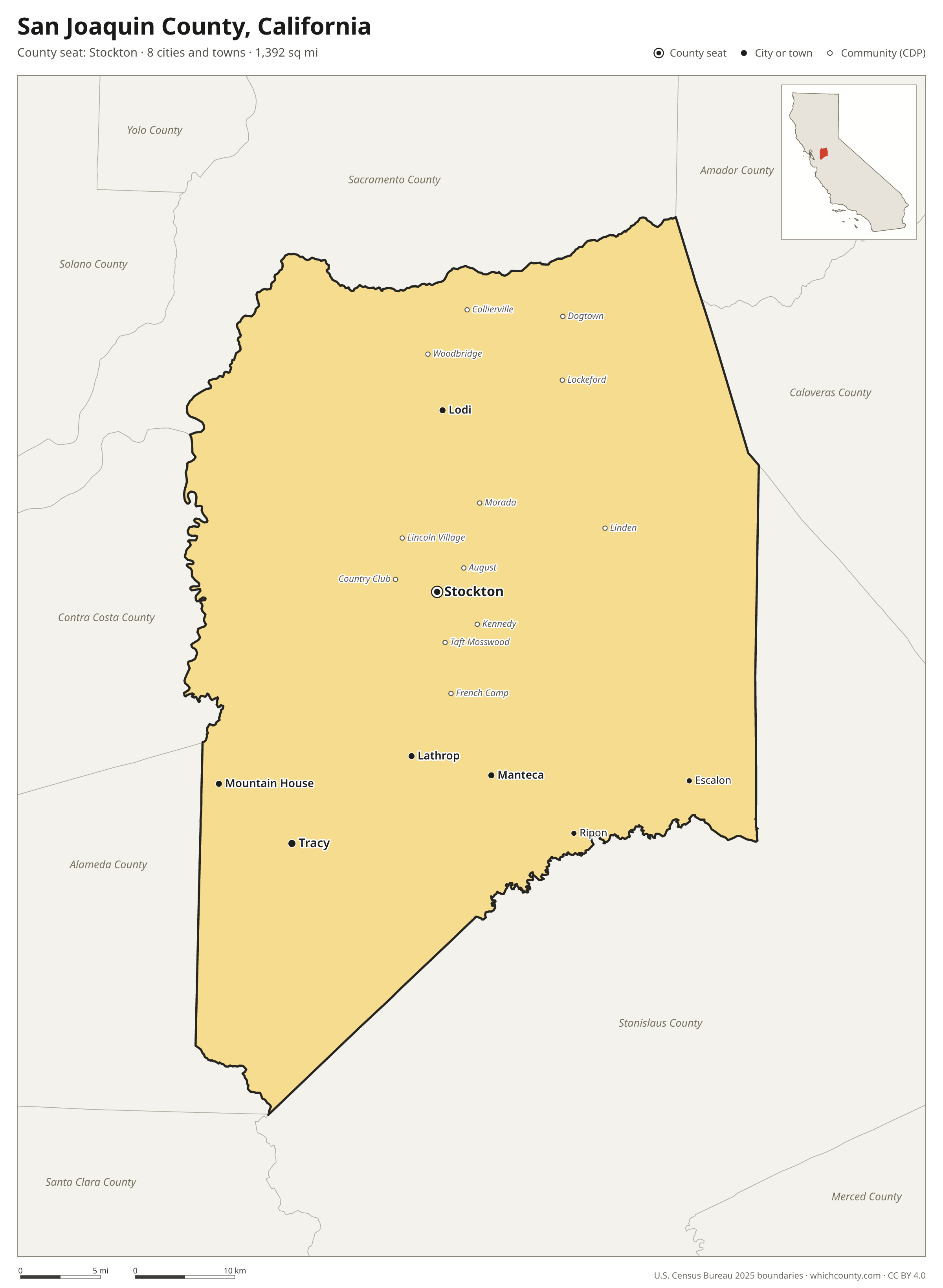 Map of San Joaquin County, California with cities, towns and the county boundary