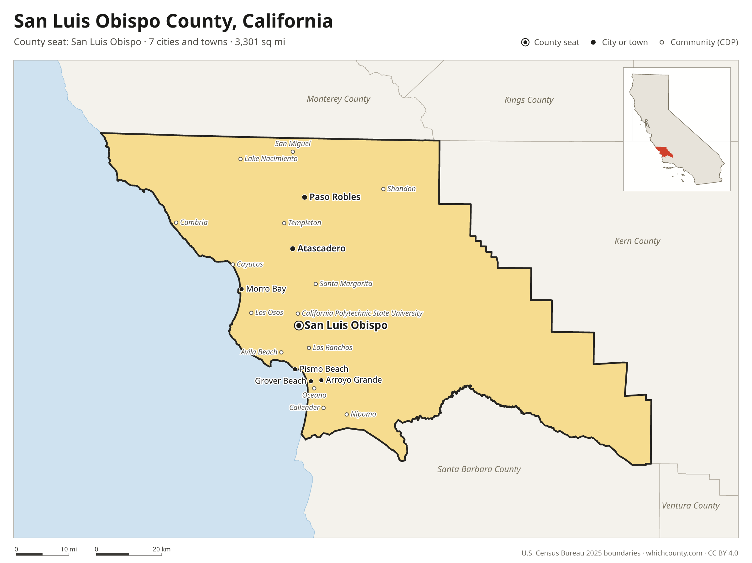 Map of San Luis Obispo County, California with cities, towns and the county boundary