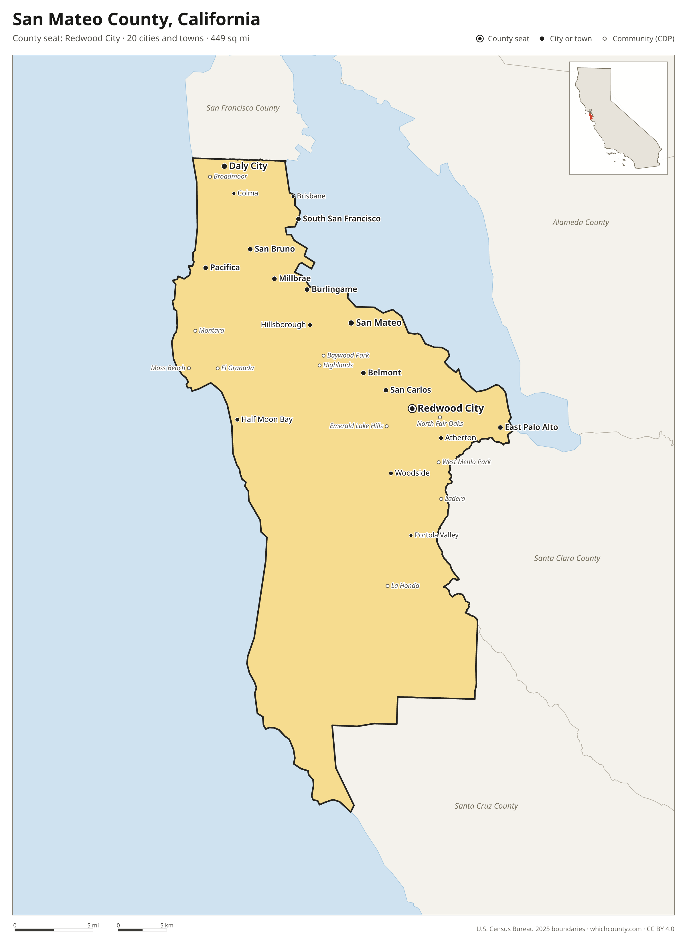 Map of San Mateo County, California with cities, towns and the county boundary