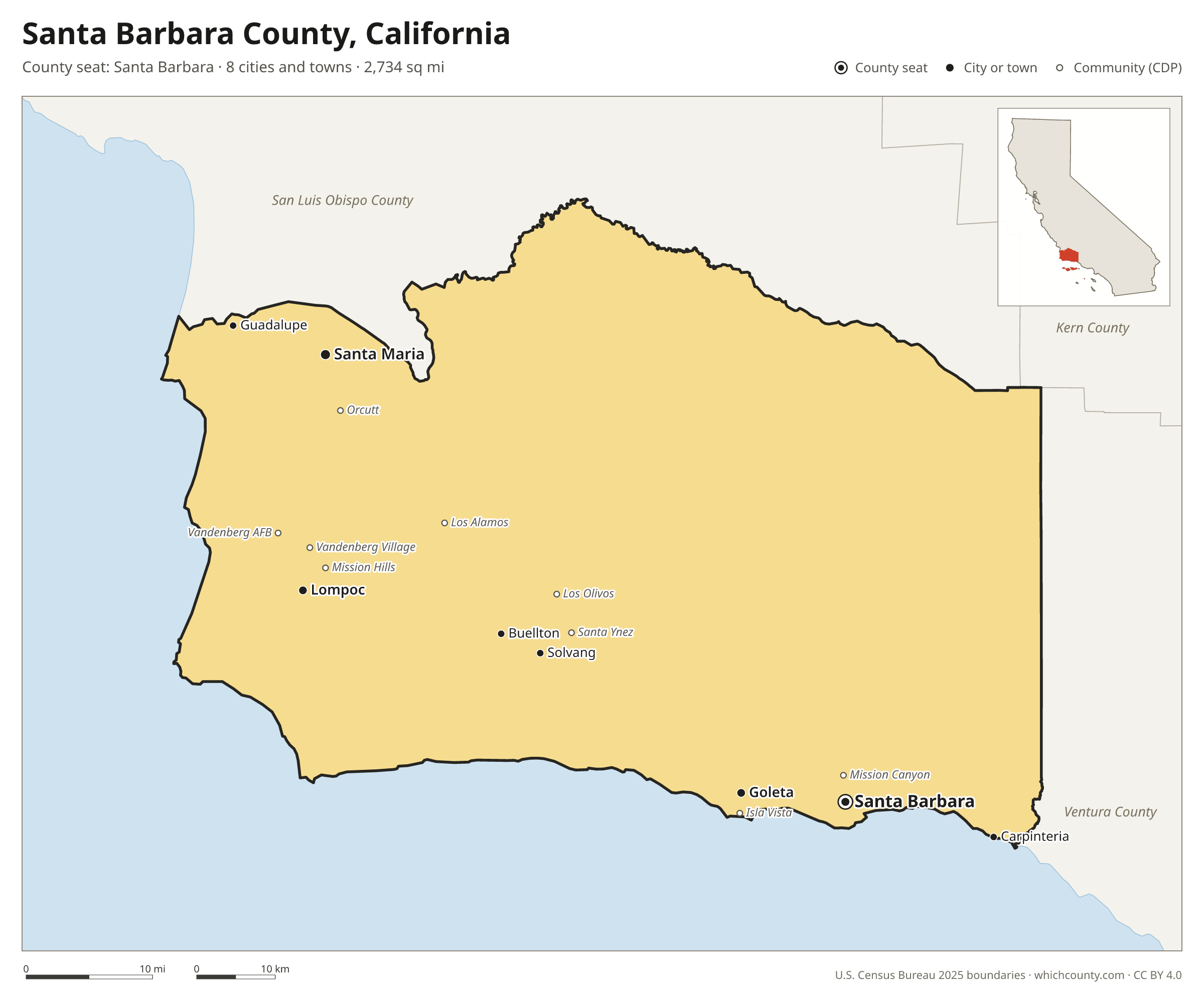 Map of Santa Barbara County, California with cities, towns and the county boundary