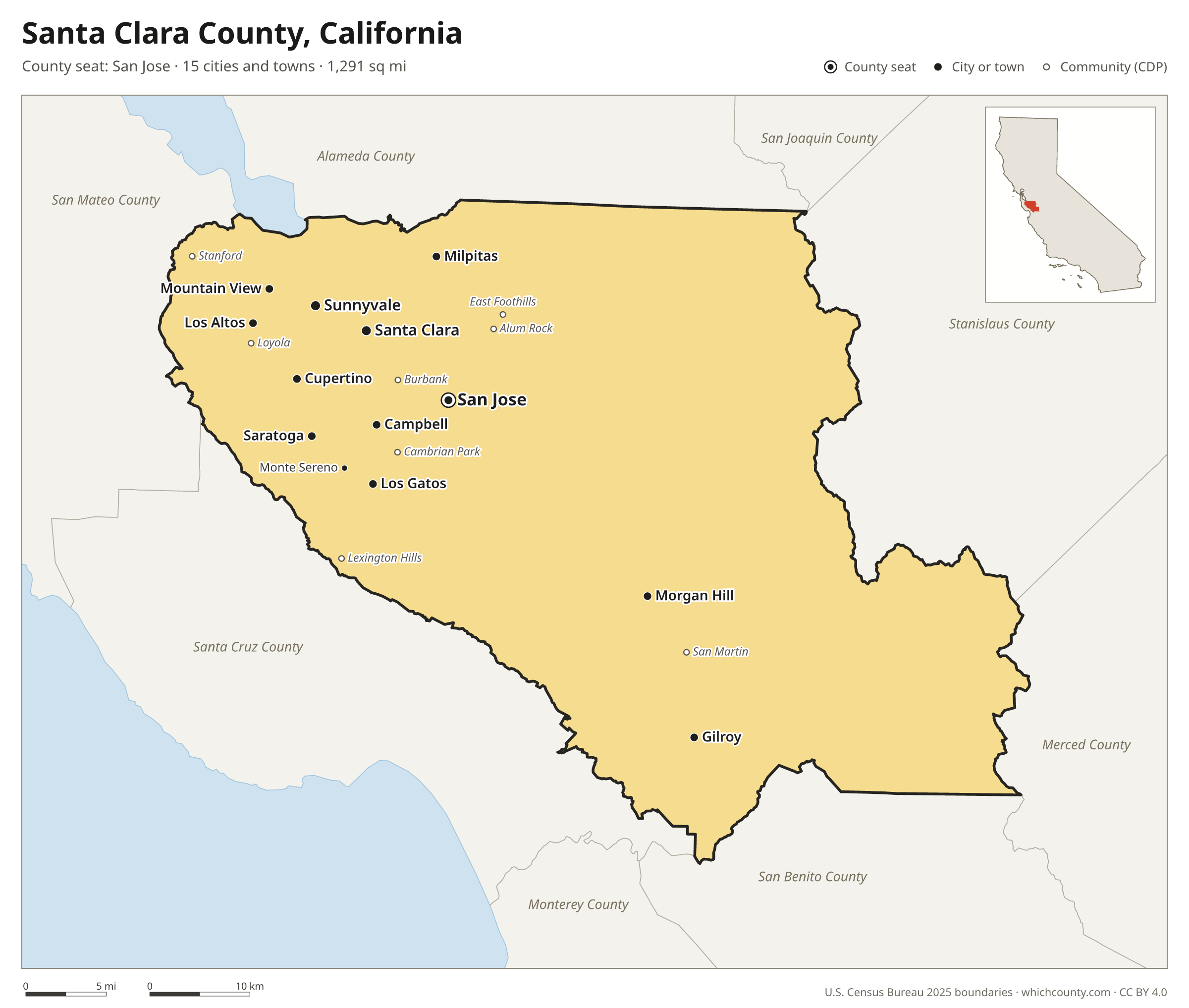 Map of Santa Clara County, California with cities, towns and the county boundary