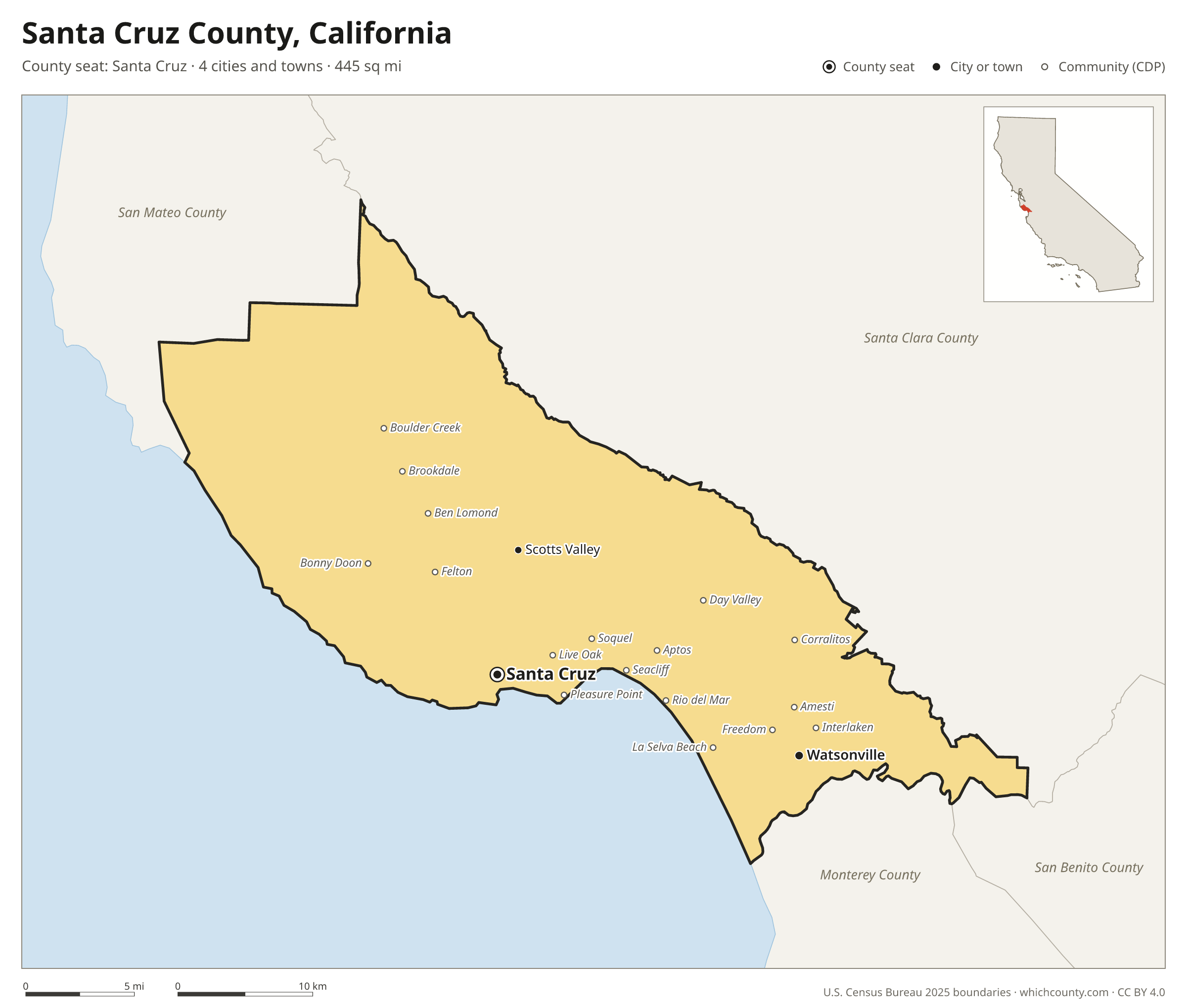 Map of Santa Cruz County, California with cities, towns and the county boundary