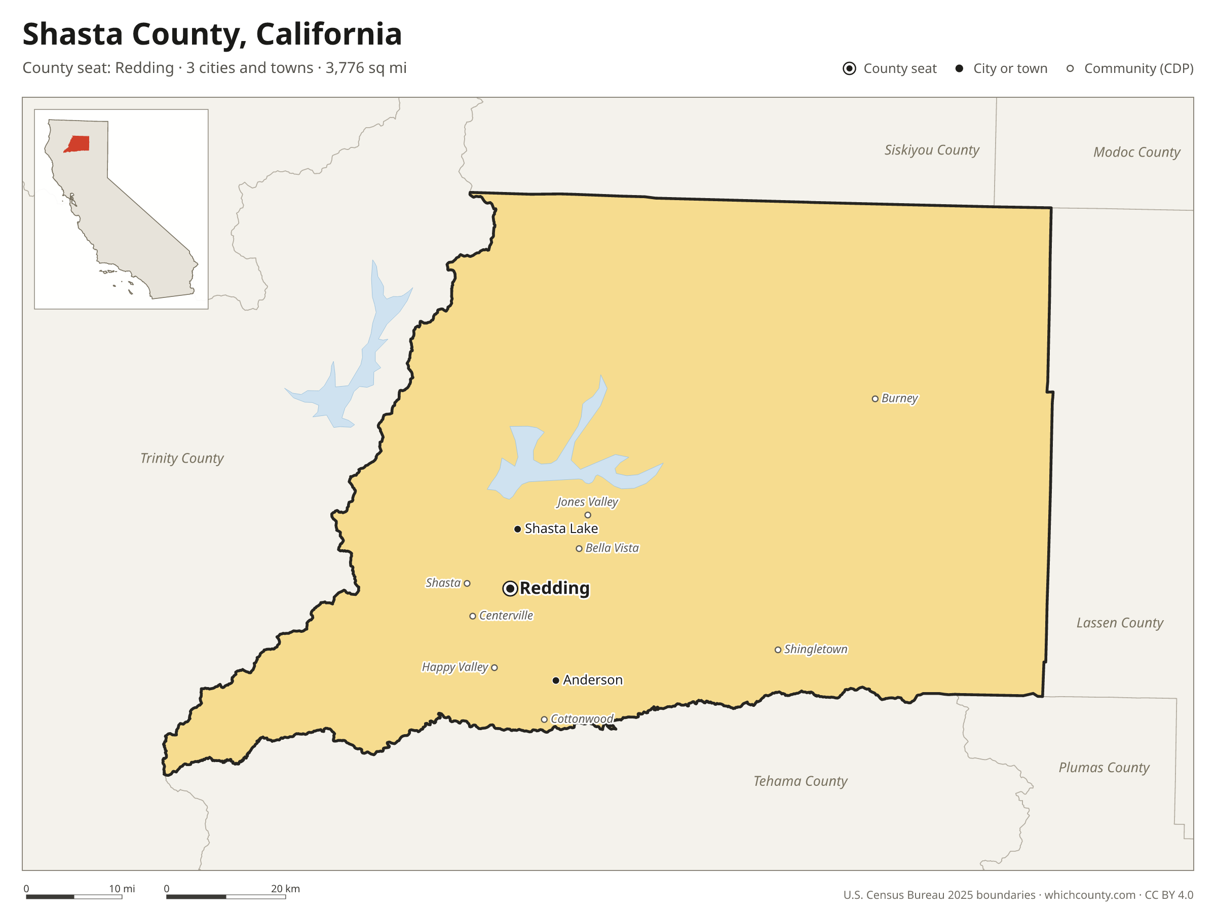 Map of Shasta County, California with cities, towns and the county boundary