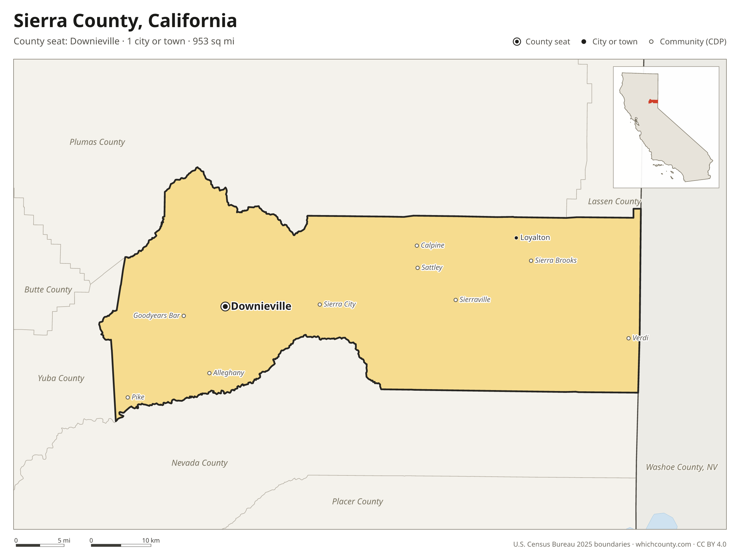 Map of Sierra County, California with cities, towns and the county boundary