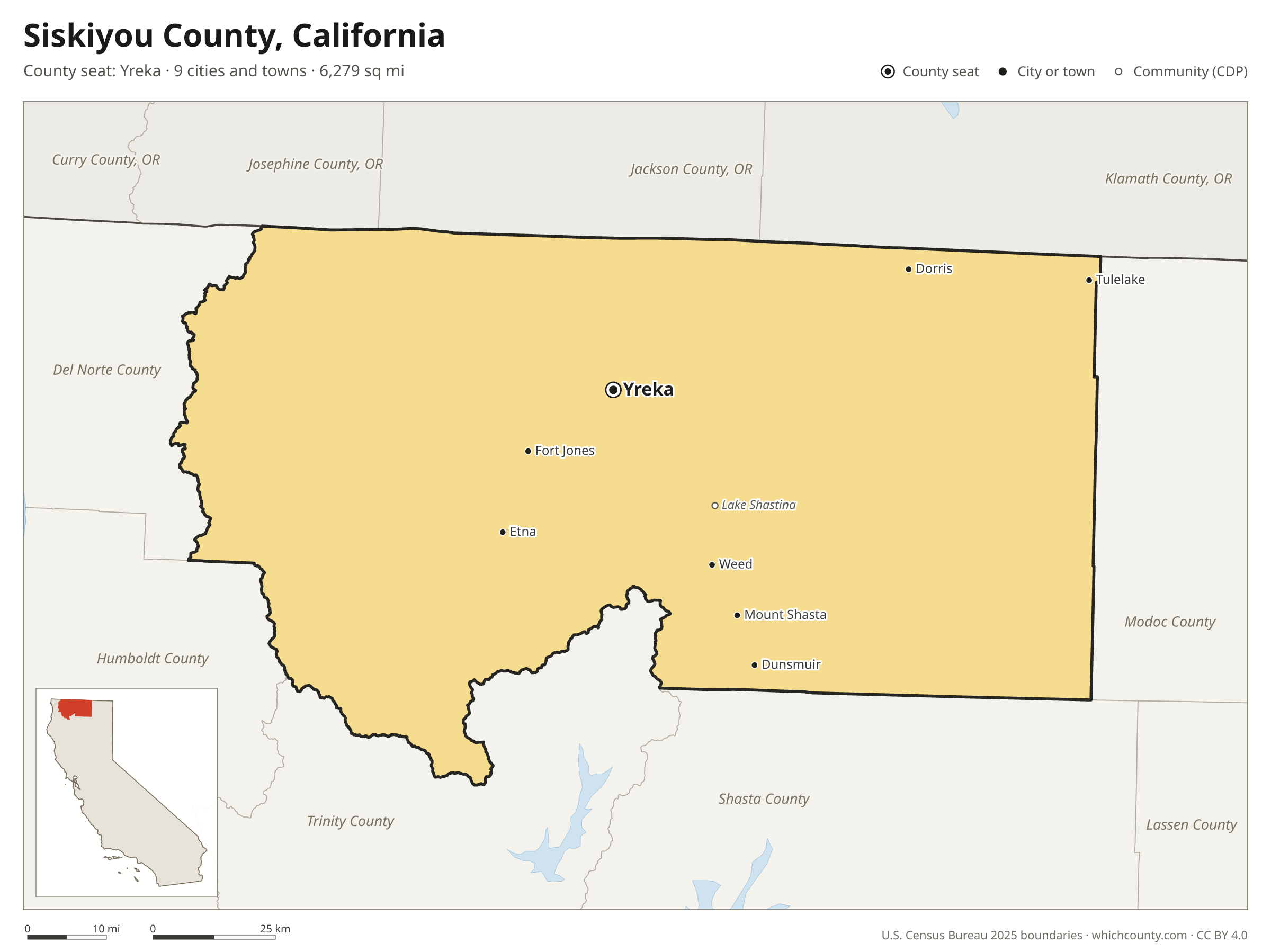 Map of Siskiyou County, California with cities, towns and the county boundary