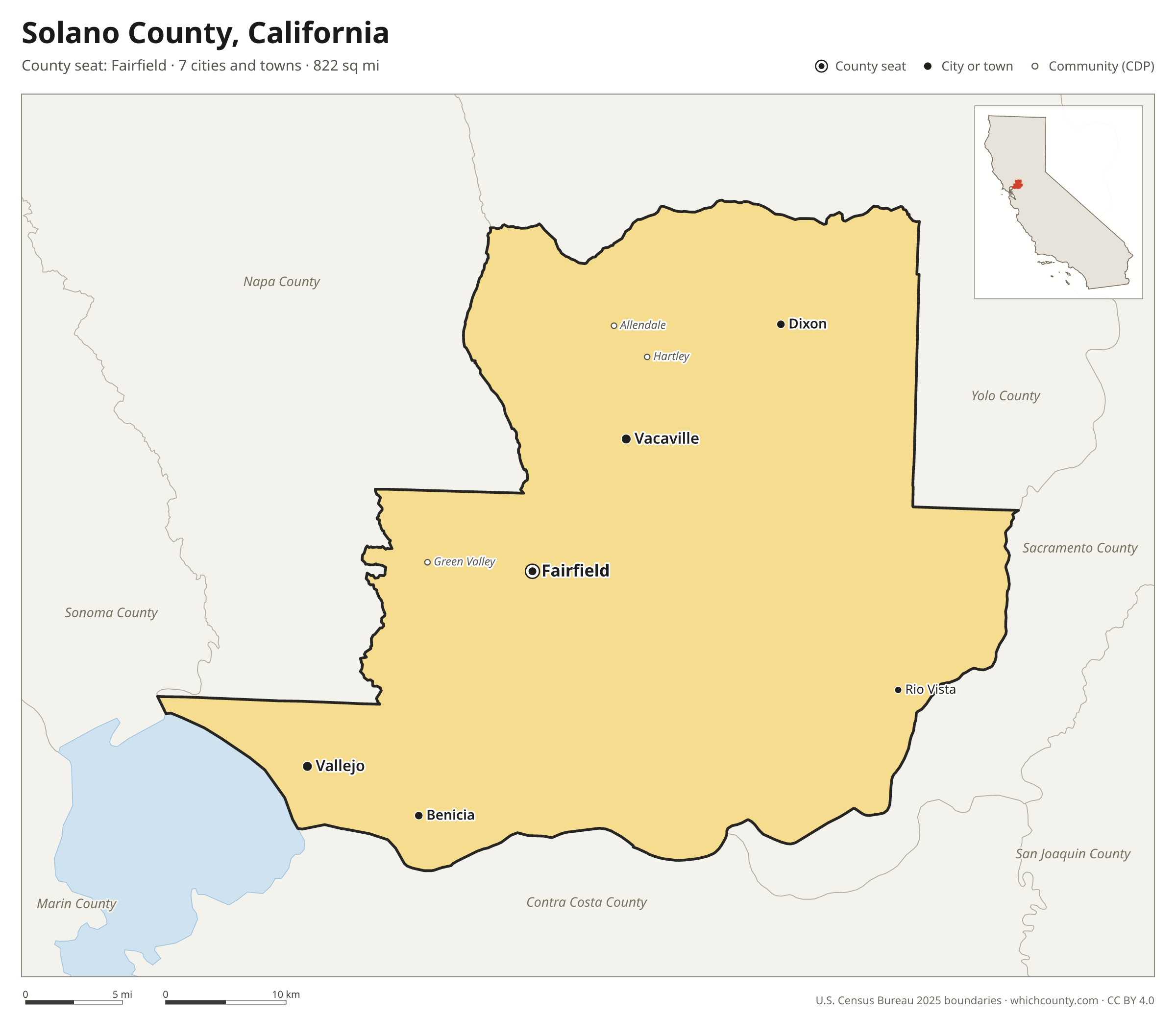 Map of Solano County, California with cities, towns and the county boundary