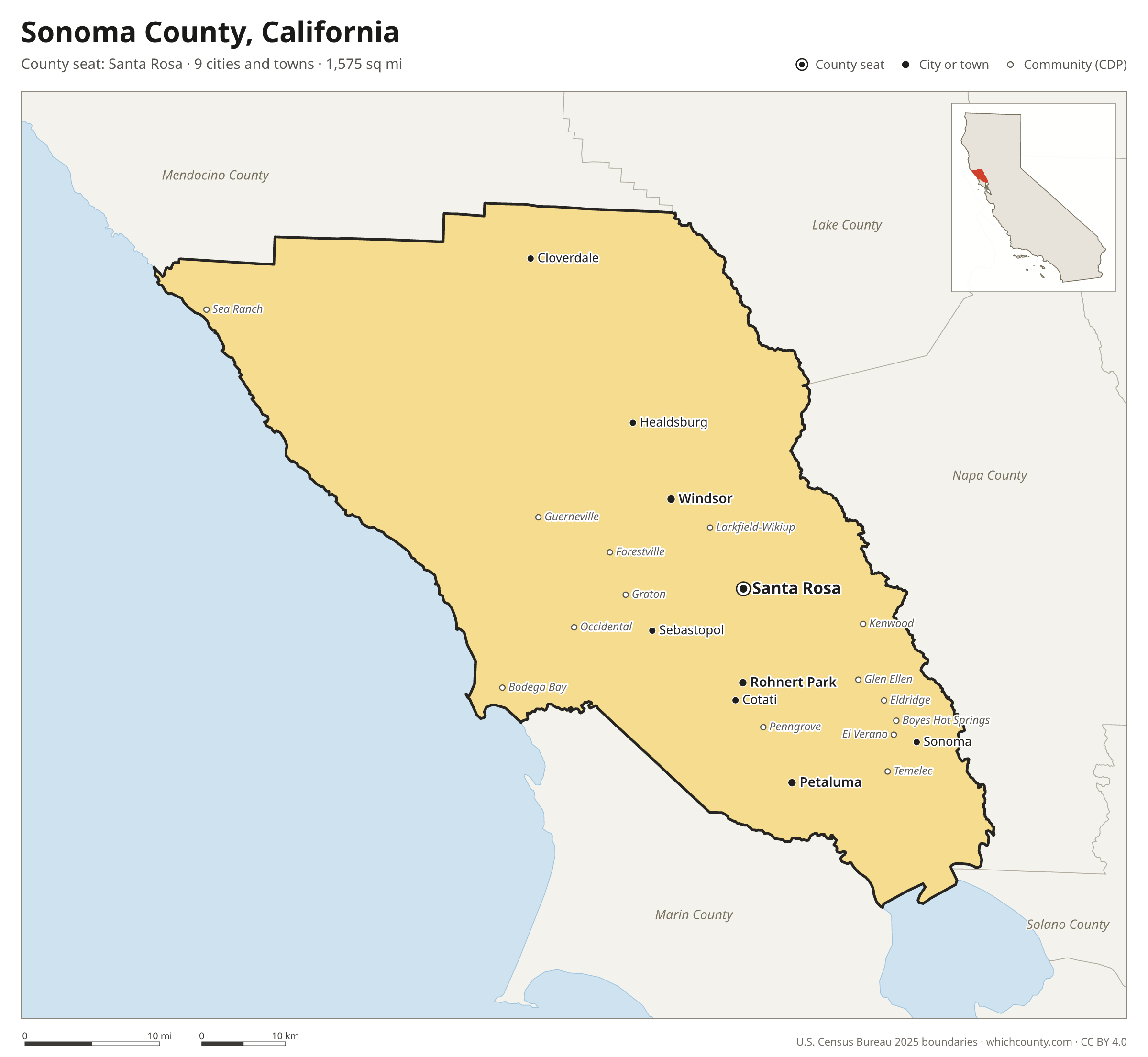 Map of Sonoma County, California with cities, towns and the county boundary