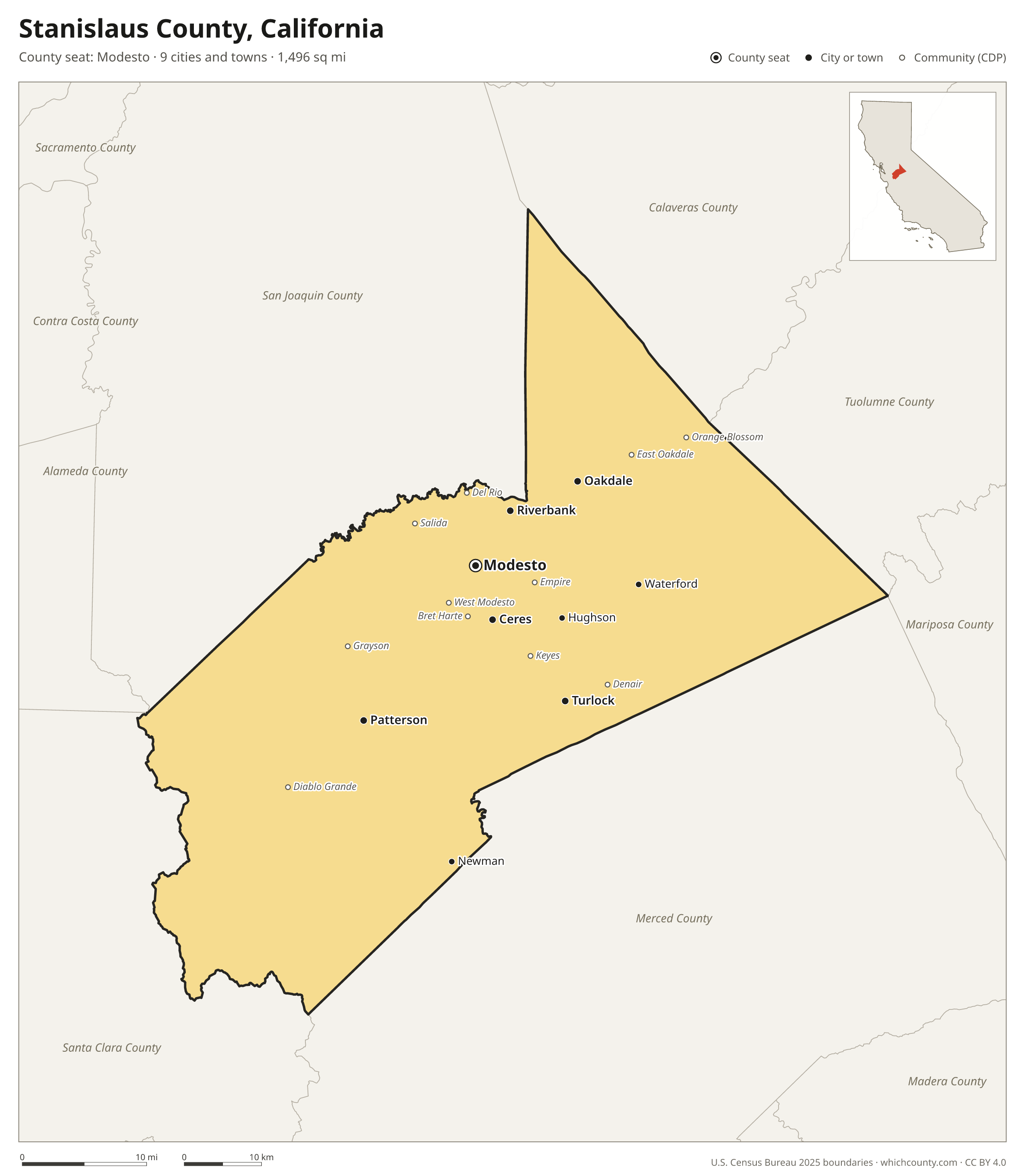 Map of Stanislaus County, California with cities, towns and the county boundary