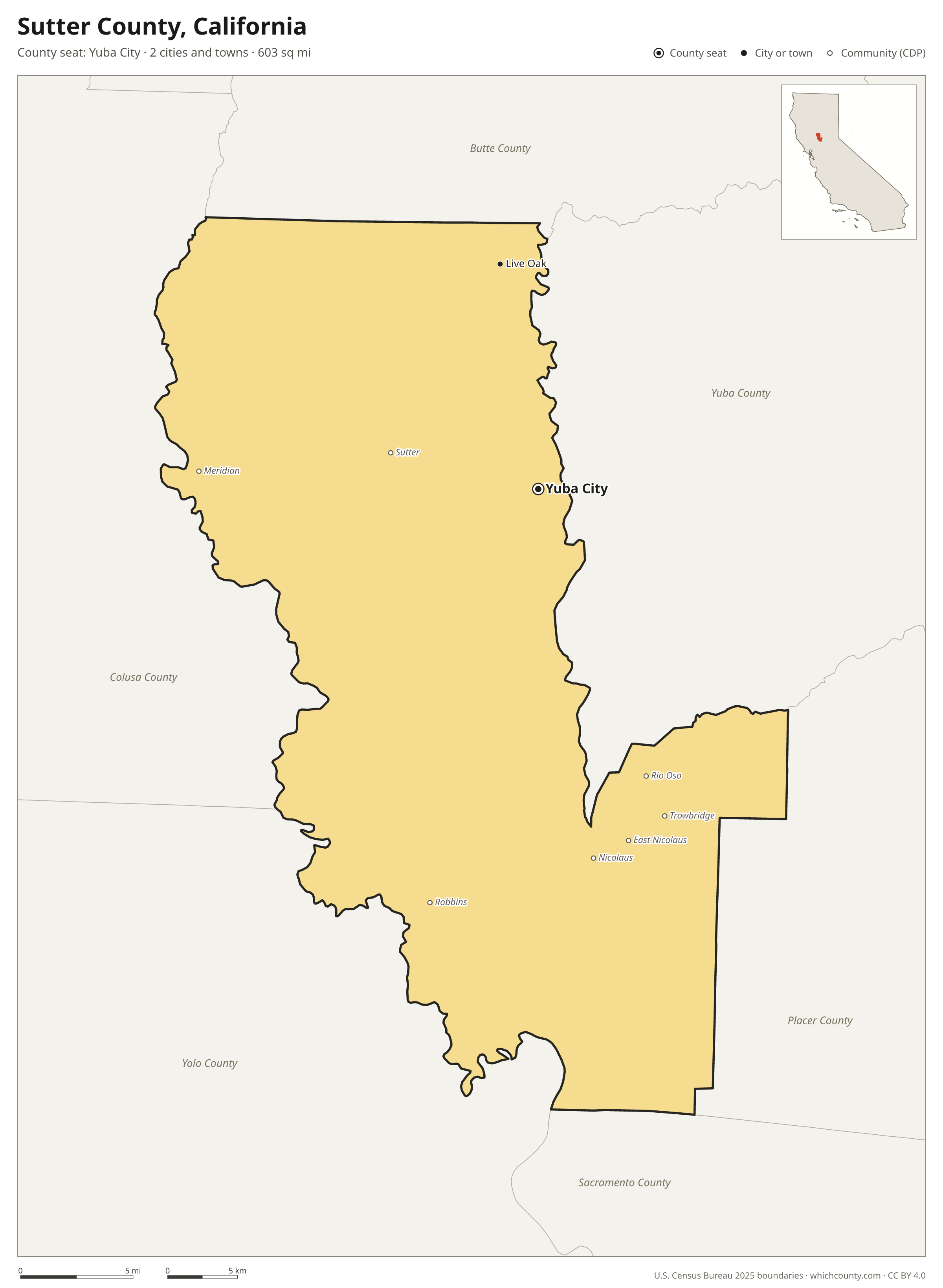 Map of Sutter County, California with cities, towns and the county boundary