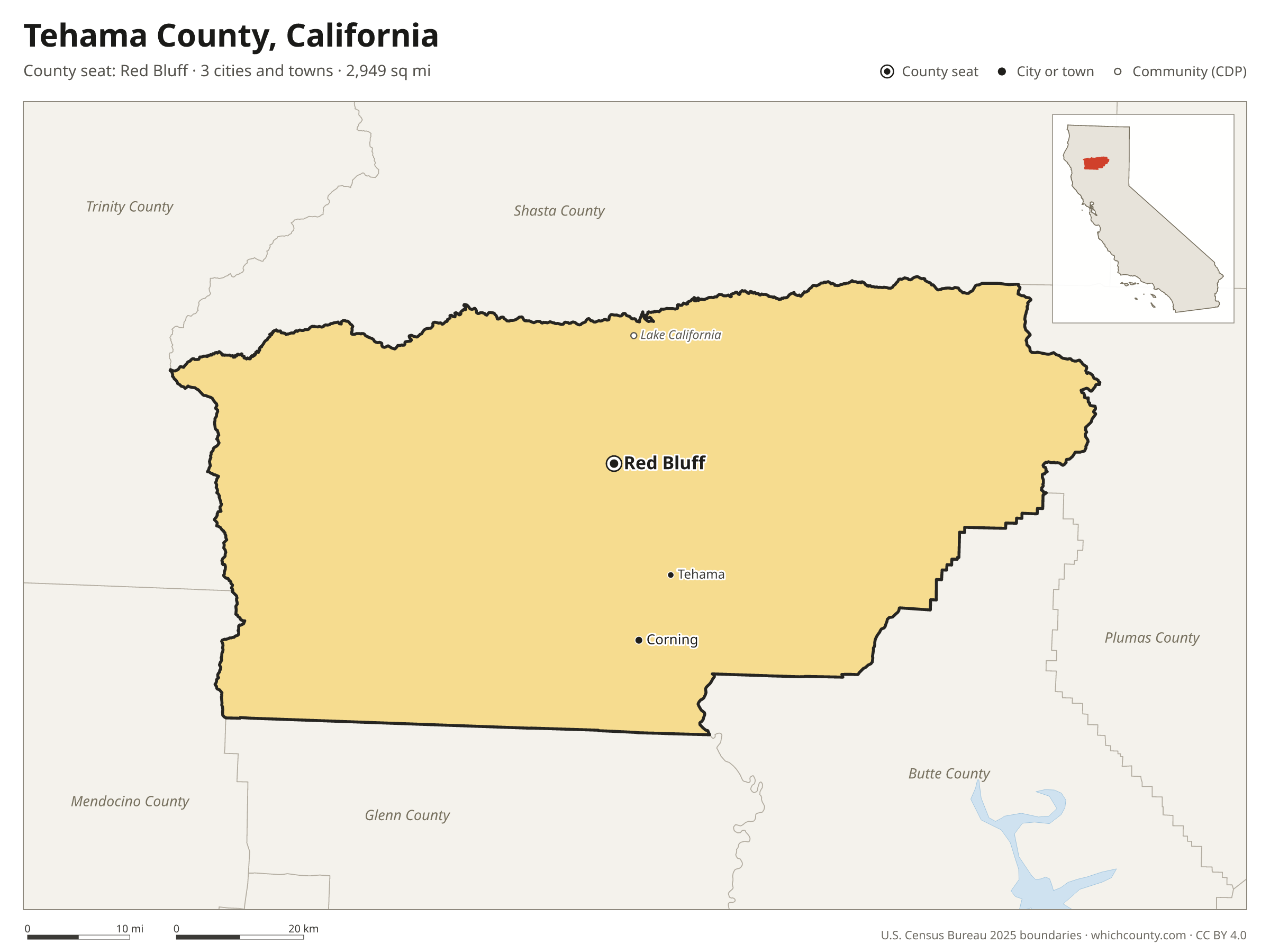 Map of Tehama County, California with cities, towns and the county boundary