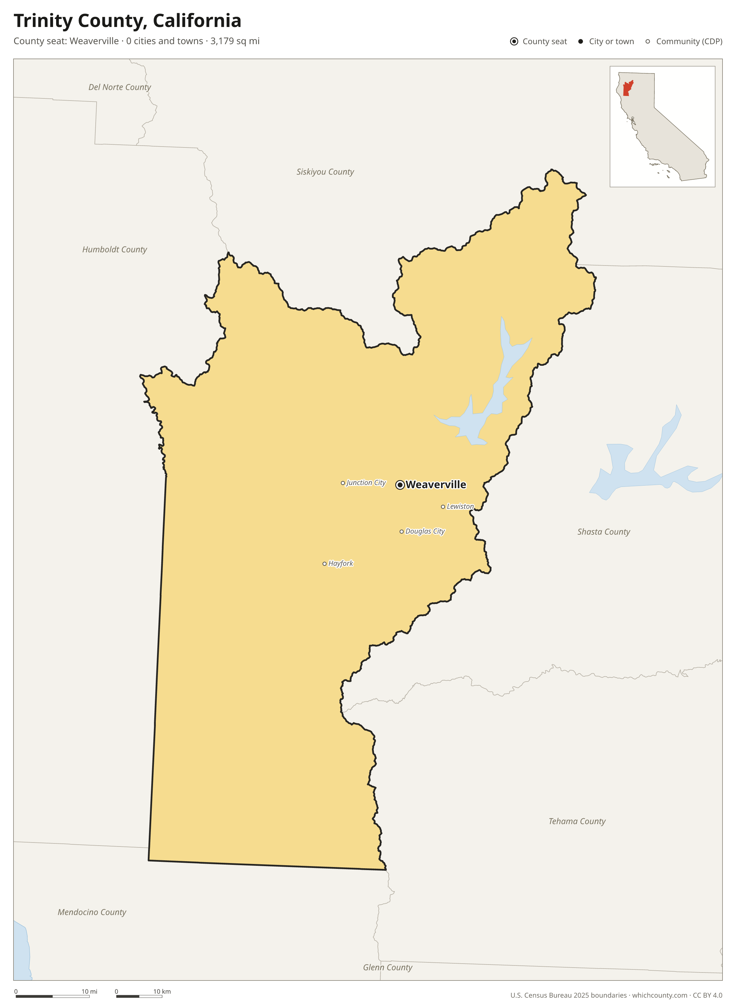 Map of Trinity County, California with cities, towns and the county boundary