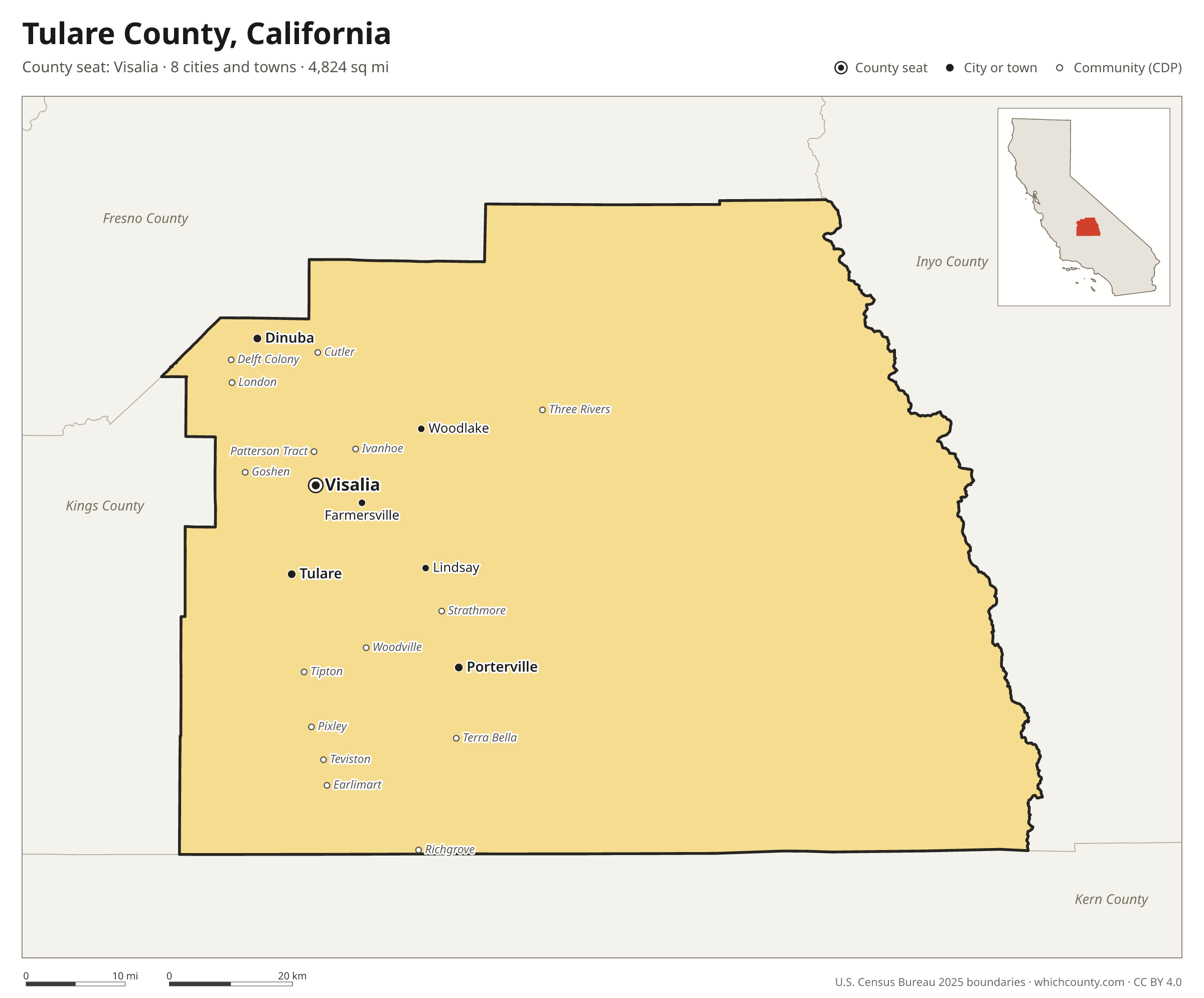 Map of Tulare County, California with cities, towns and the county boundary