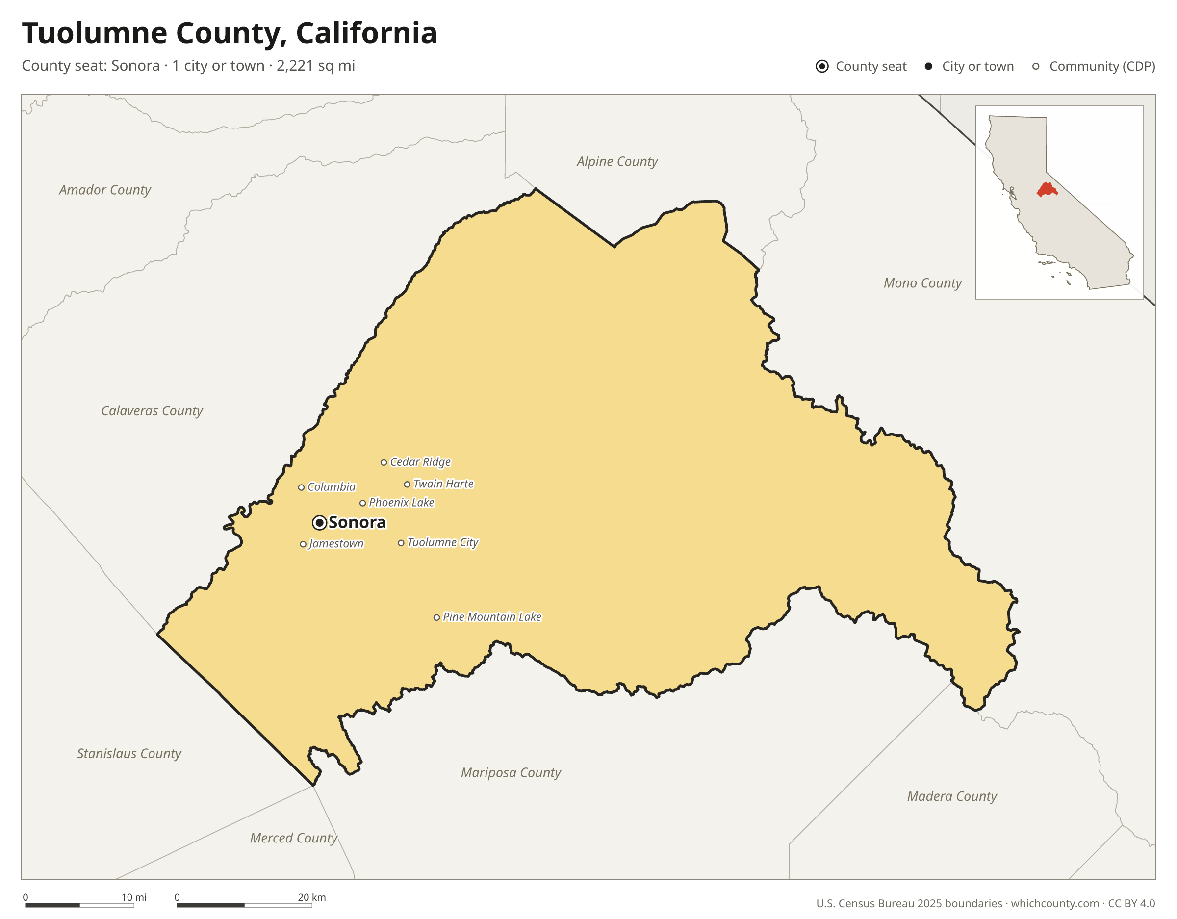 Map of Tuolumne County, California with cities, towns and the county boundary