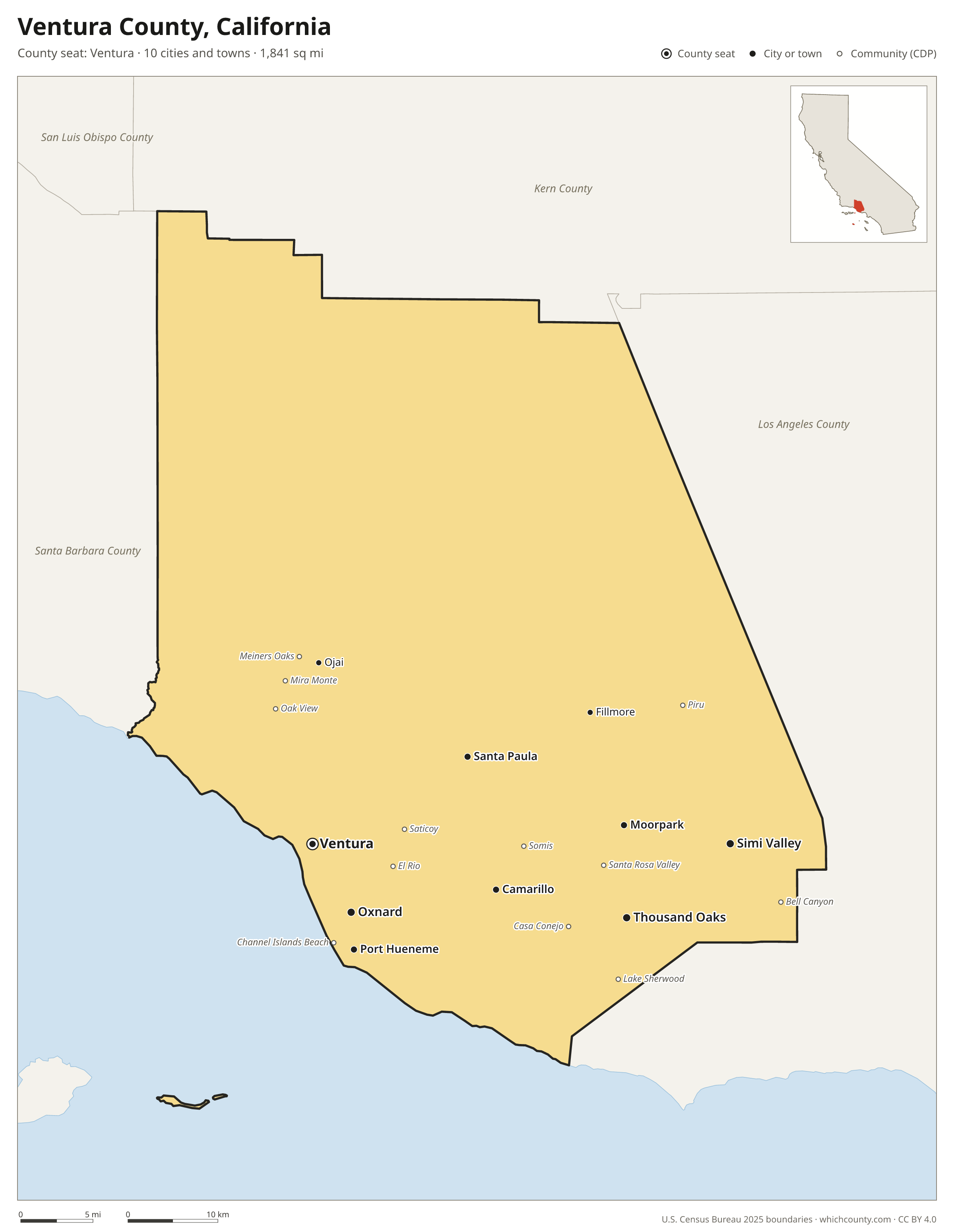Map of Ventura County, California with cities, towns and the county boundary