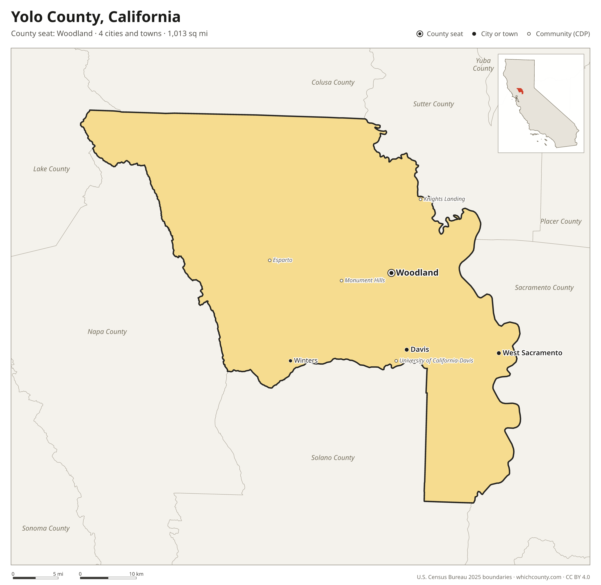 Map of Yolo County, California with cities, towns and the county boundary