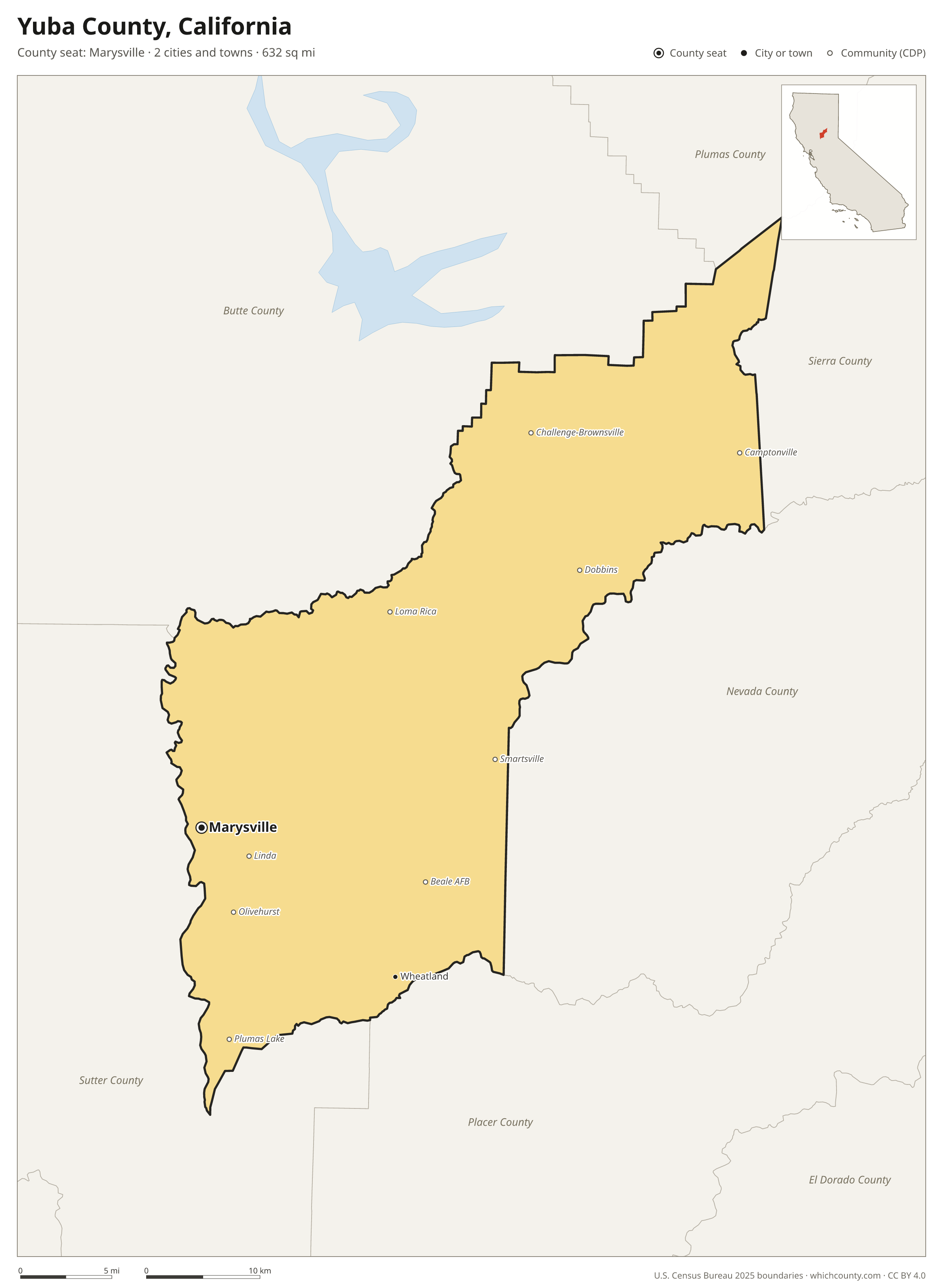 Map of Yuba County, California with cities, towns and the county boundary
