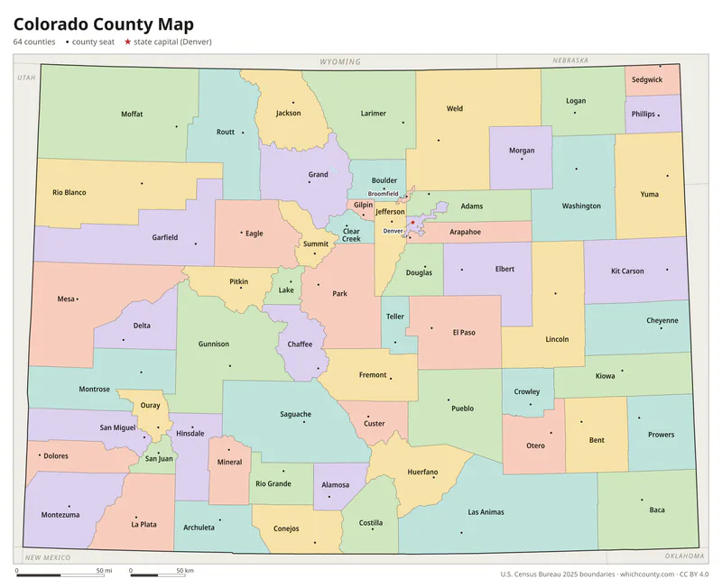 Colorado county map with all 64 counties labeled